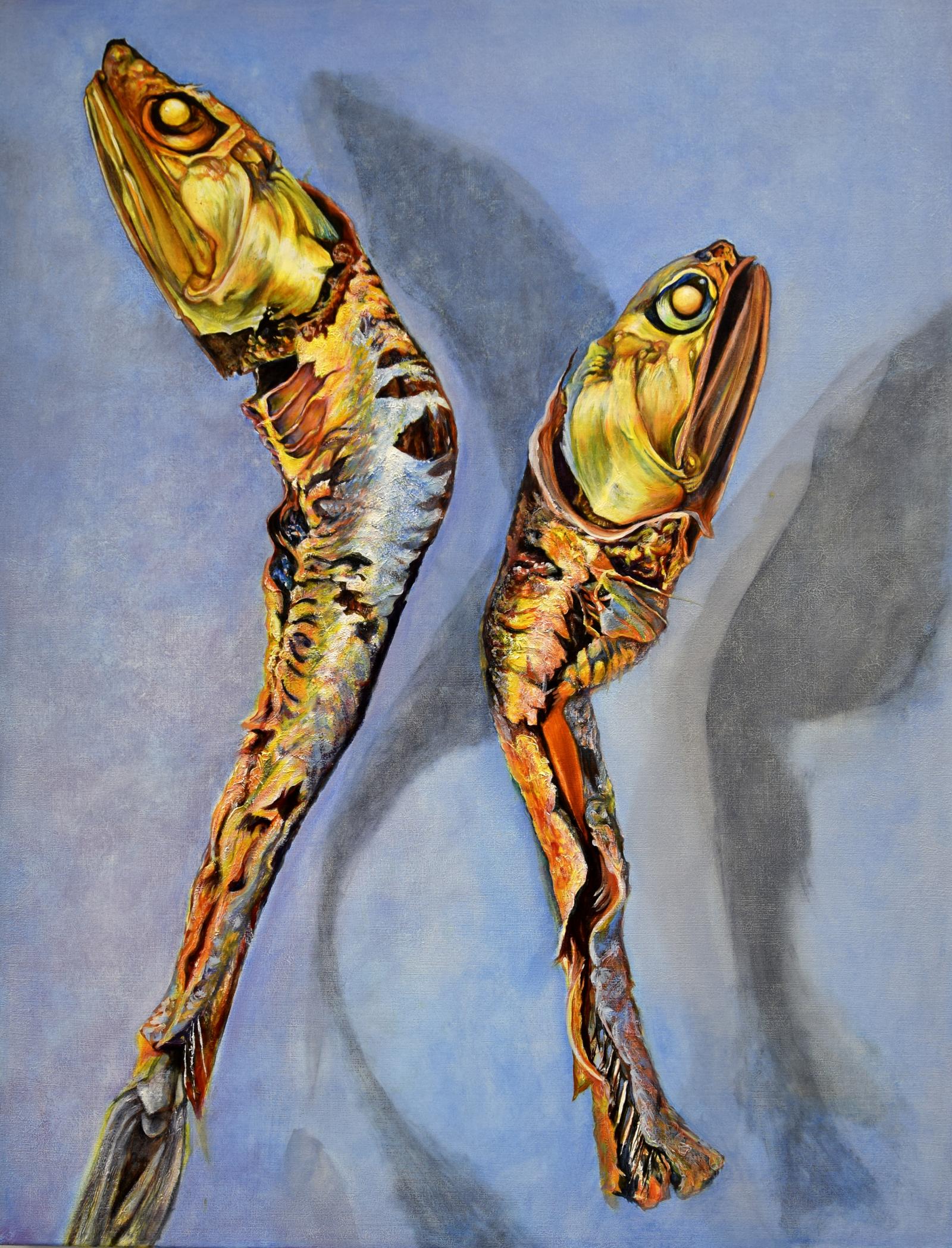 Dried fish served as the model for this painting. As they headed toward rot, the colors of the anchovies became more iridescent. I tried to replicate this shimmering through layers of translucent oil paints.