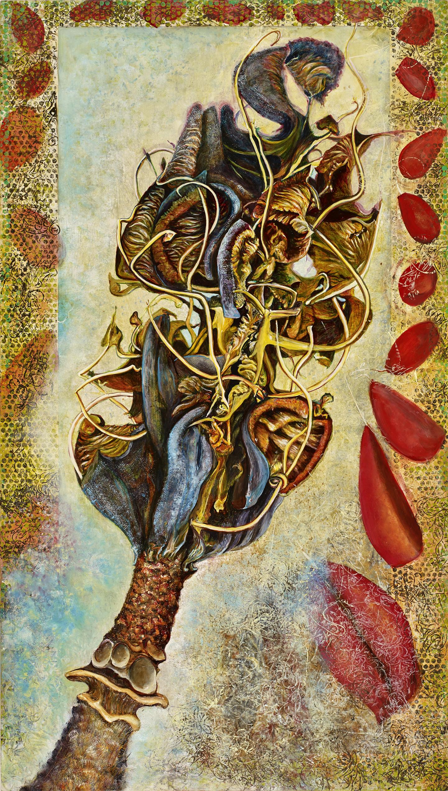 While observing a tiny decayed Magnolia pod, I completed a group of drawings and began this painting. The pattern made by the curving strings around the pod suggested to me its skeletal remains. Going back to the source of the pod, I found a new pod, without any apparent string shapes. During the course of the painting, sections of the new pod began to open and expel red seeds attached by white gossamer strings, similar to spider web strands. The combination of tensile strength and flexibility provided the perfect balance for completing their mission. The white strings on the dried Magnolia pod represented not the skeleton, but the passage of time in the system of regeneration. Observation of inanimate objects like the magnolia pod offers me the challenge to imbue them with movement and activity.