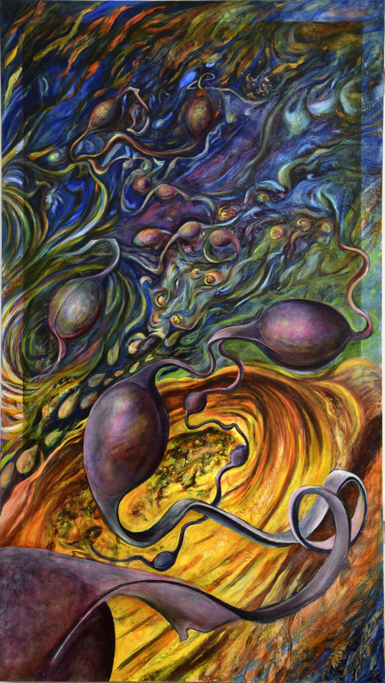 The subject of this painting is at once small enough to fit in the palm of a hand and large enough to exist outside our planet. The background is based on cloud formations around Jupiter, and the purple bladder shape comes from Sargassum seaweed common in the Atlantic Ocean. Its air-filled bladder is helpful in keeping the plant afloat, providing food for ocean life and birds. At the time I was painting the image, the East Coast was experiencing major flood damage from hurricanes, and the West Coast was undergoing fire damage out of control. Both crises appear in the image in the form of turbulence controlling the seaweed and its hollow pods.