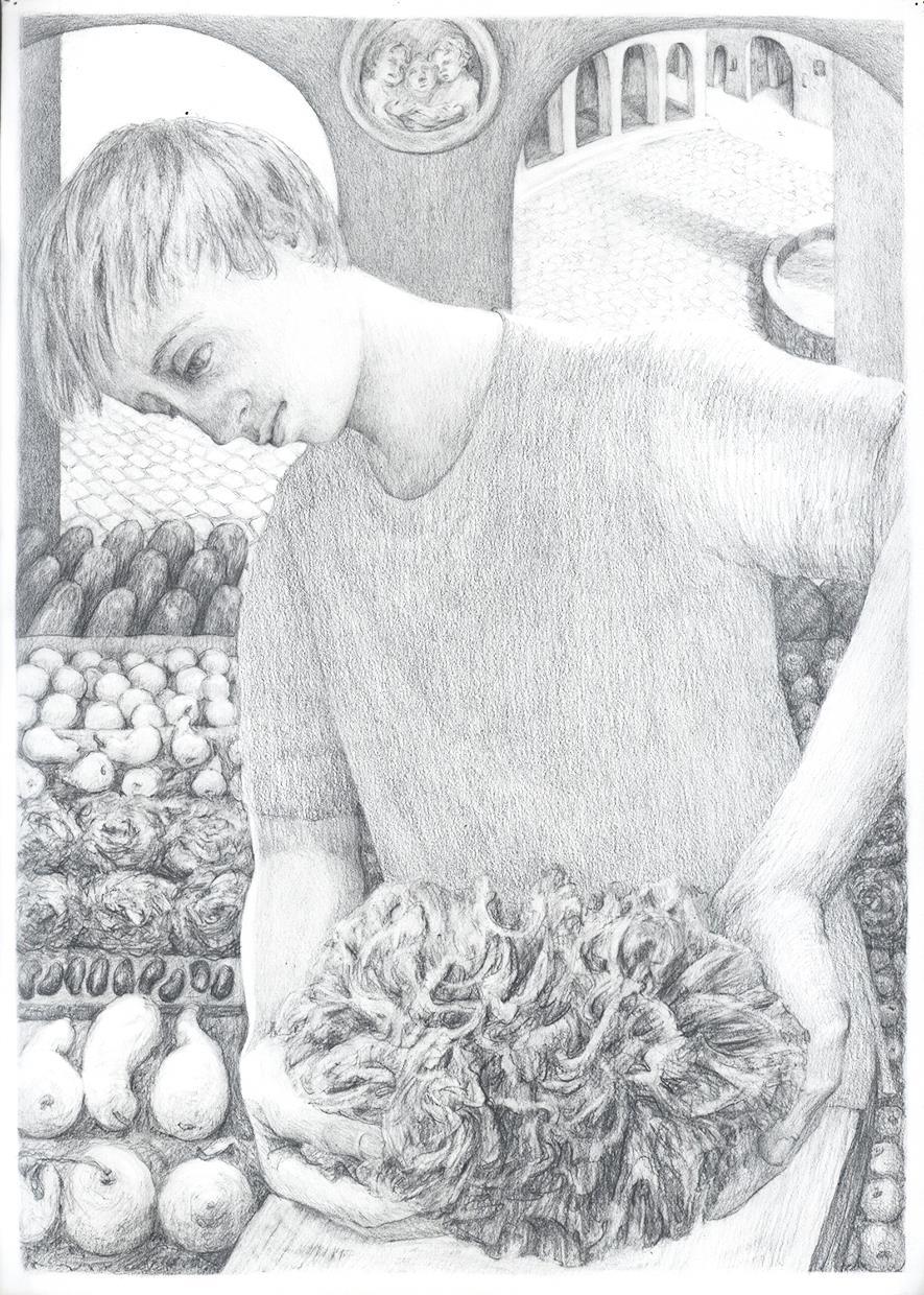 Graphite drawings made by hand; subjects based on real life, then filtered and transformed through the artists imagination in order to capture a feeling.