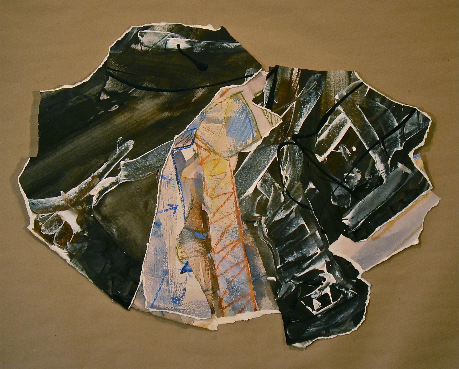 Artwork is combination of watercolor, acrylic, pastel and other mixed media, torn, assembled with acrylic matte medium on all surfaces. It is mounted on plywood also coated with acrylic medium. Plywood has been cut with jigsaw to within 1-2" of outside edges of paper. Mounting hardware is attached to back.