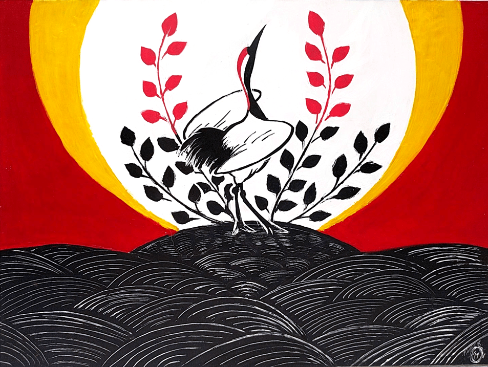 A painting done with acrylics on scratchboard, featuring a Japanese crane. The piece is heavily inspired by the art of the traditional Japanese Hanafuda cards.