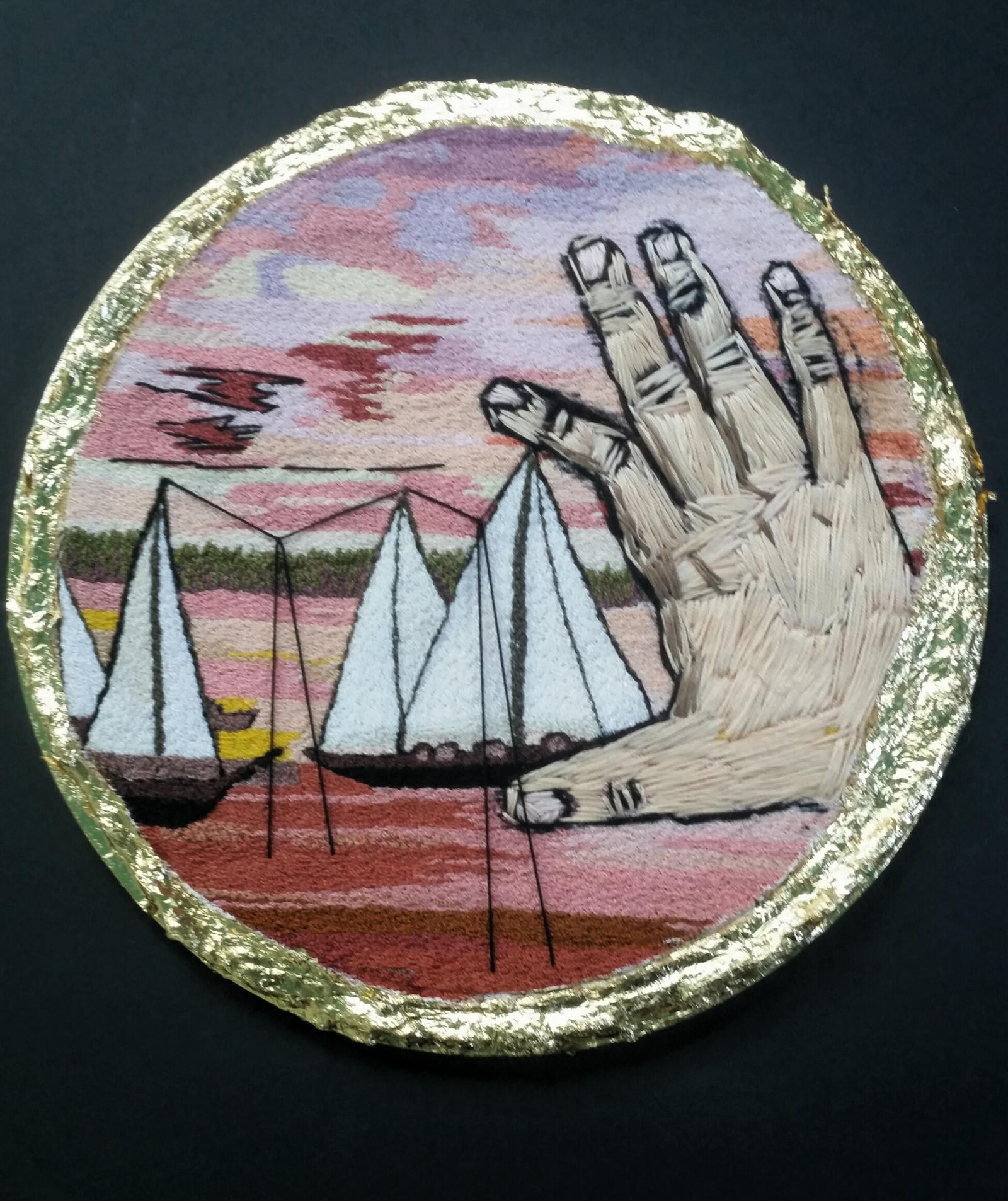 Embroidered image on found embroidery.