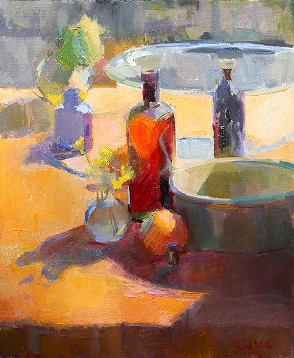 Intense summer light both consumes and reveals a colorful arrangement. A bright orange tablecloth bounces into and through the objects creating unexpected shapes and color harmonies. In fact everything is bouncing and reflecting all over the place. Good times.