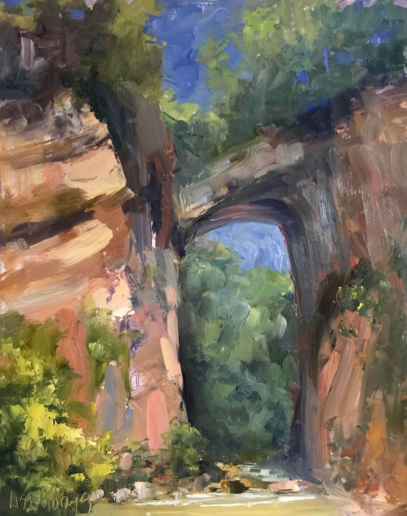 I painted this on location while traveling south. Its a natural bridge formed by rock. Its a quick jaunt off the highway and is a spectacular site. I was fortunate to have an elementary school group watching me paint while the ranger provided an overview. A truly fun experience as the light was beaming on the rocks.