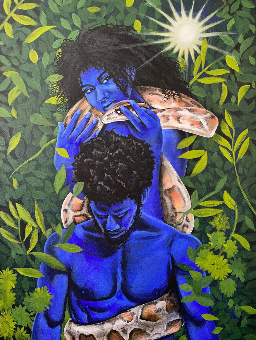 Acrylic painting of the biblical story of Adam and Eve. In the piece Eve has clearly embraced the serpent and all that he has said. She has convince Adam to do the same and he is ashamed.