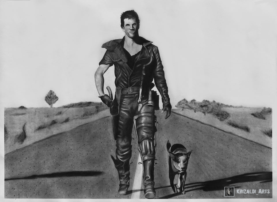 Graphite drawing of the original motion picture still from George Miller's 1979 classic Mad Max, starring Mel Gibson.