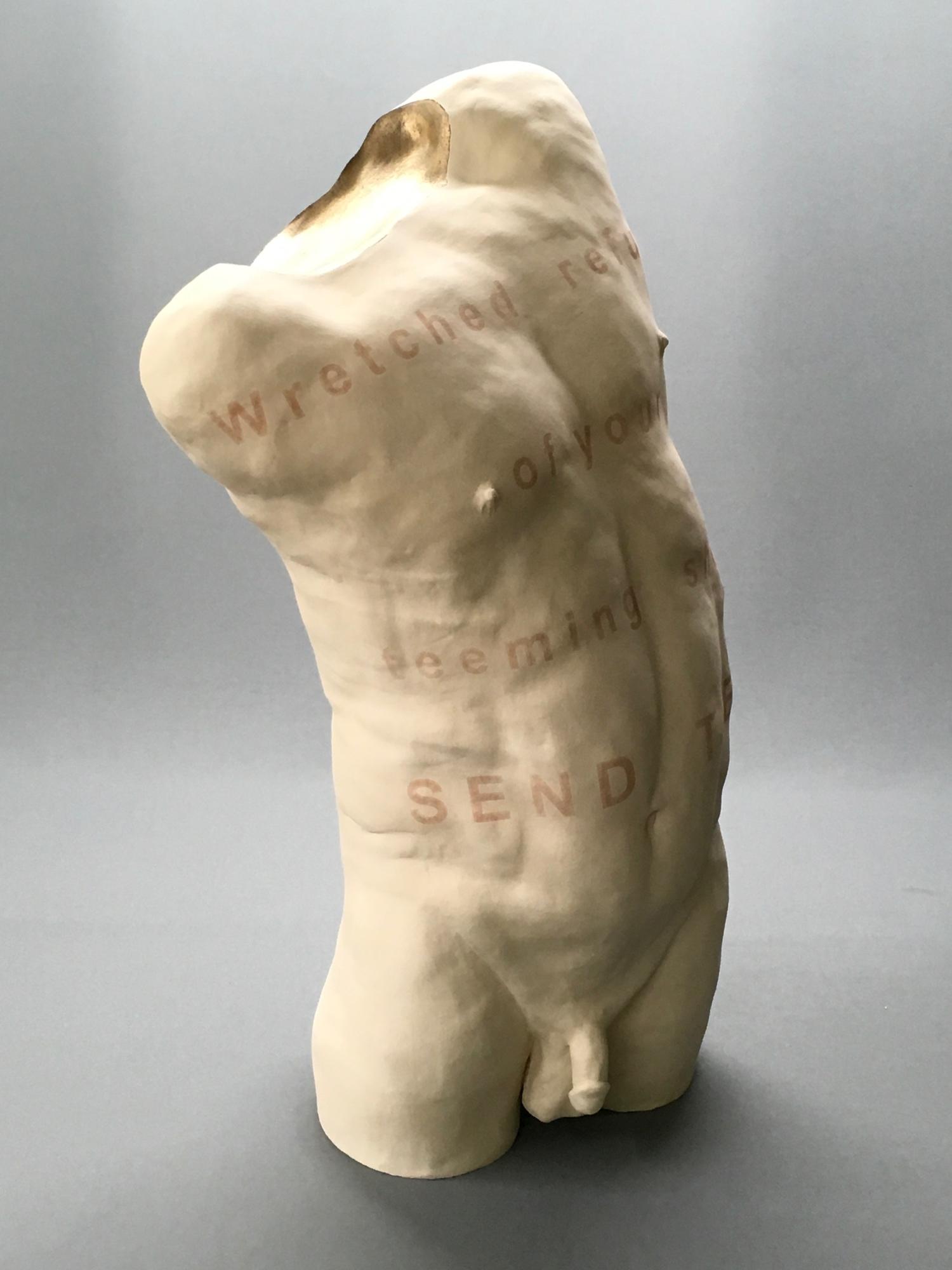 Ceramic, underglaze, iron oxide lettering, luster
