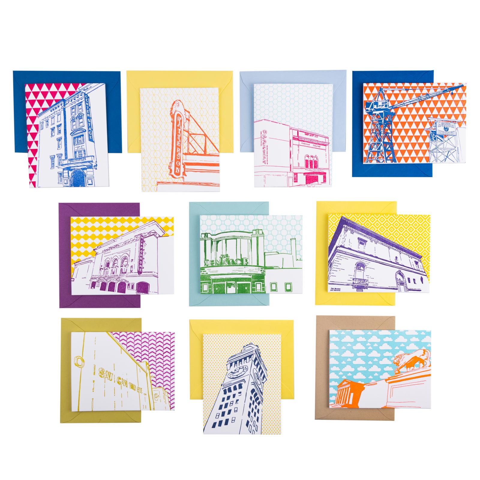 Baltimore is full of history, icons and stories. This mix pack includes 10 Baltimore Art Industry cards. Each card is 2 color letterpress printed fold-over card with a colored blank envelope. Each card has a short blurb on the history of either the location or neighborhood the card is illustrating.
...Details…
Ten Cards
2 color letterpress printed fold-over cards
Blank interior
A2 card size {4-1/4" x 5-1/2" folded}
Each card comes with a blank envelope
...Cards Included in Pack...
Center Stage Theatre
Creative Alliance
Parkway Theatre
Baltimore Museum of Industry
Hippodrome
The Senator Theatre
The Walters Art Museum
Baltimore Museum of Art
American Visionary Art Museum
Bromo Seltzer Tower (Baltimore Office of Promotions)
...Packaging...
Box sets are packaged in a clear box and mailed inside another cardboard box. Box set cards are NOT individually packaged in a clear sleeve.