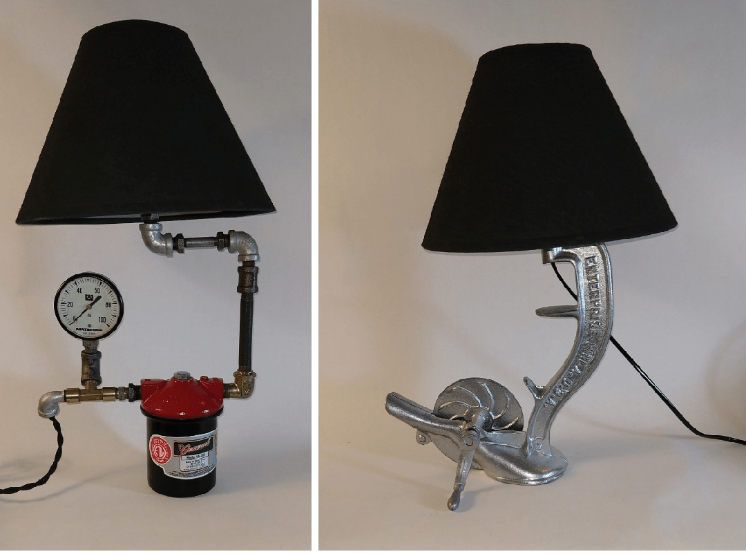 I make a variety of table lamps from interesting recycled and upcycled materials. Contact me for information about available pieces.