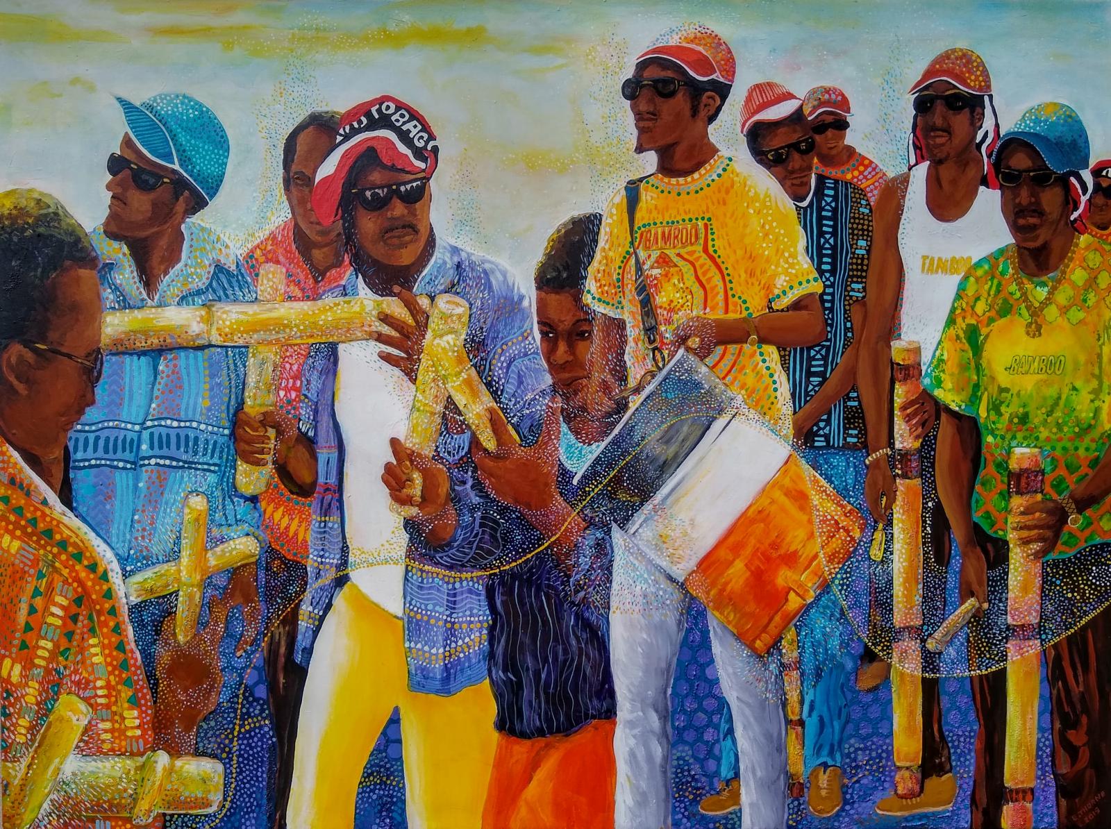 Making music with a drum and bamboo sticks. Trinidad carnival.