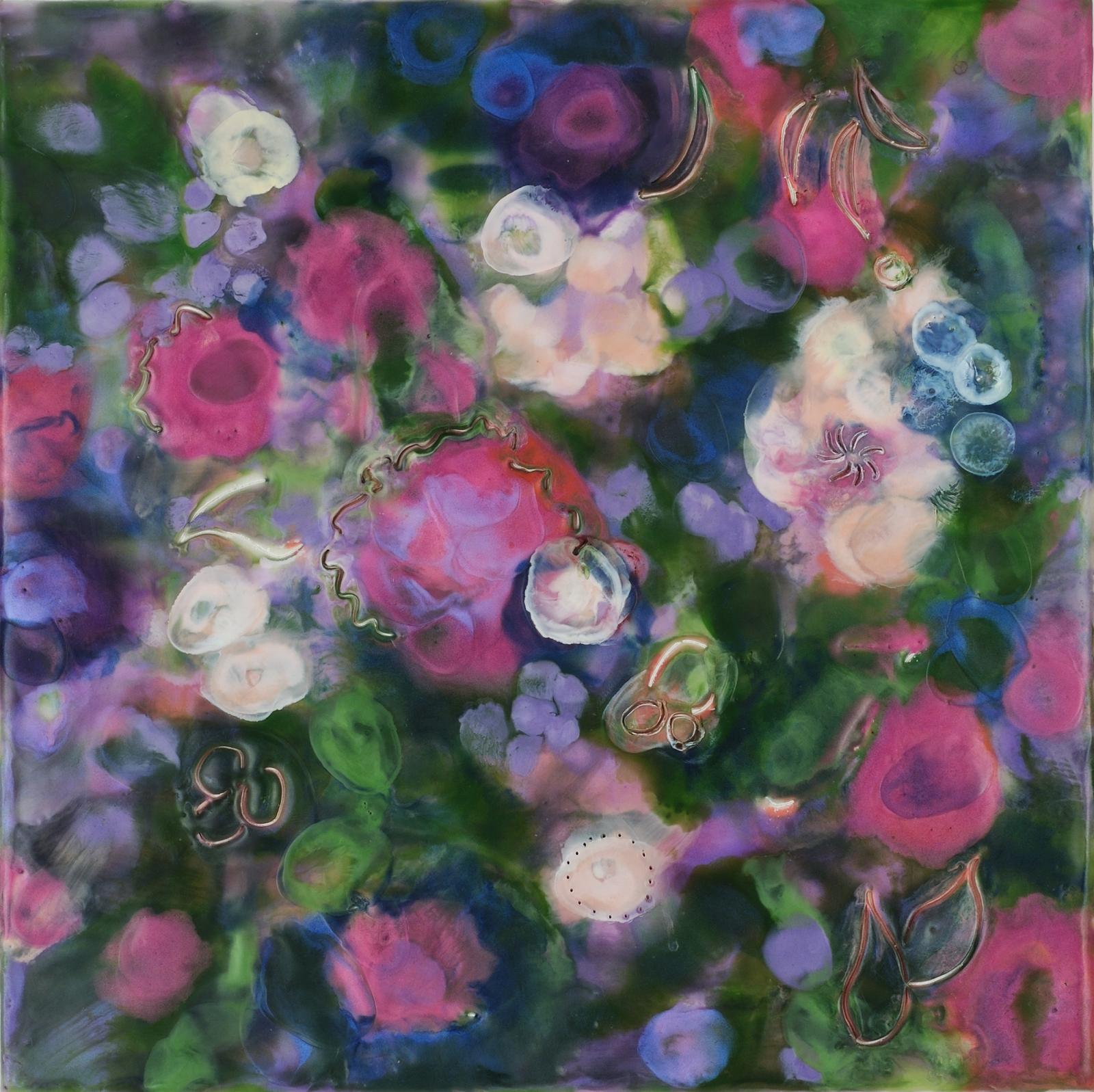 abstract encaustic painting of spring flora