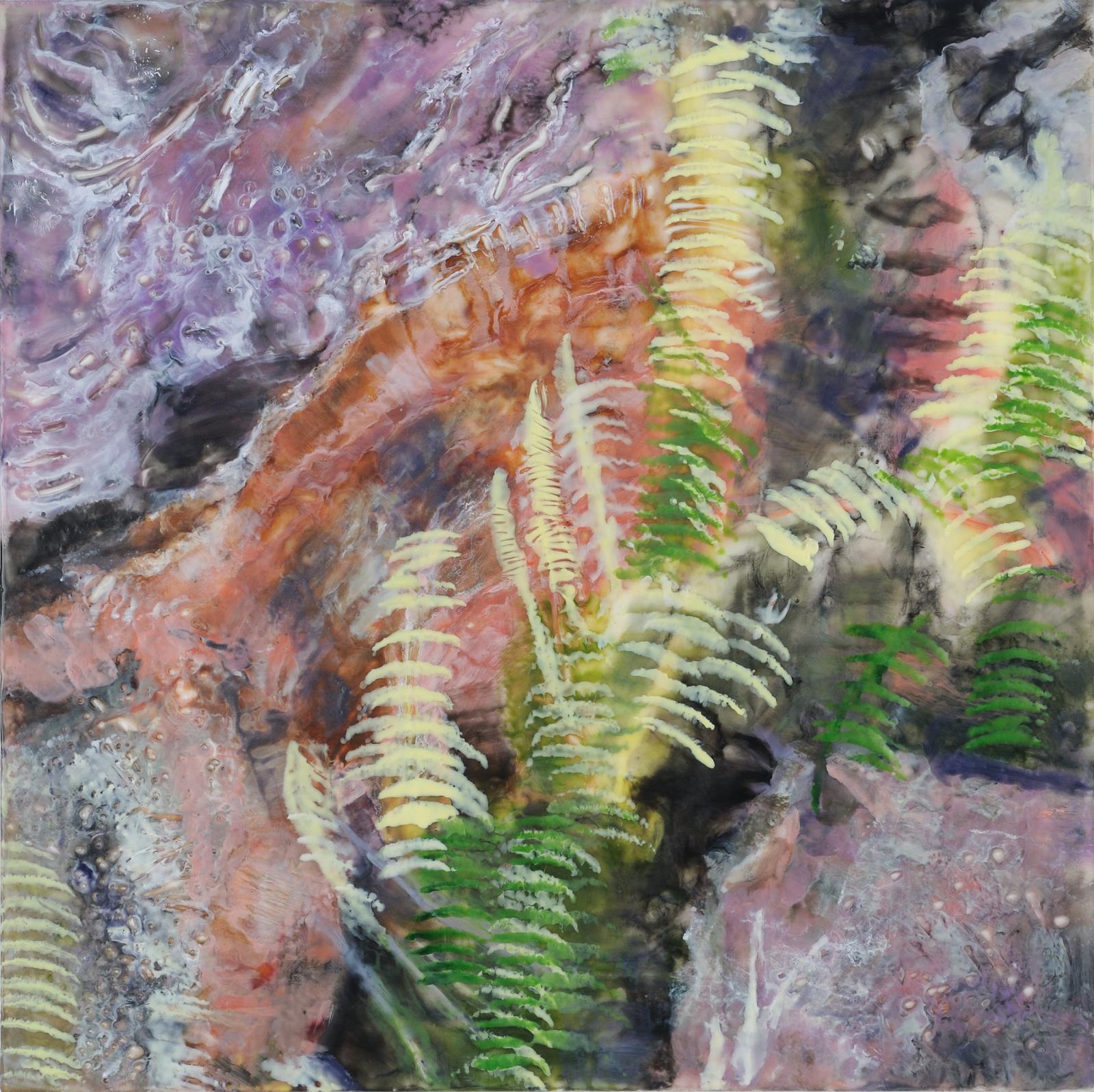 encaustic painting referencing lava rock and fernlike plant in Hawaii