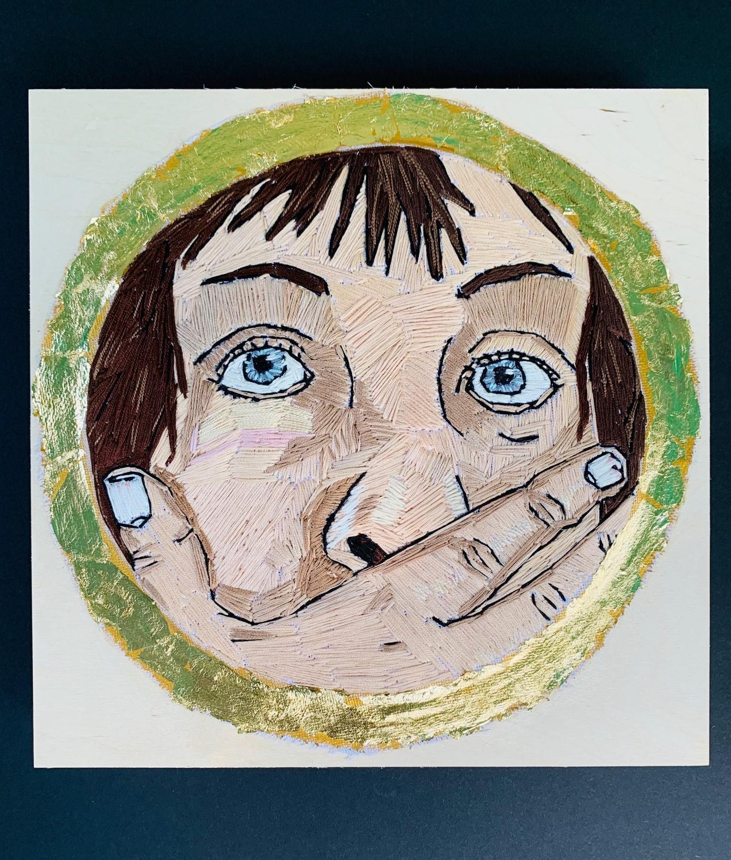 Embroidered self-portrait on canvas. Mounted on wood with gold leaf.