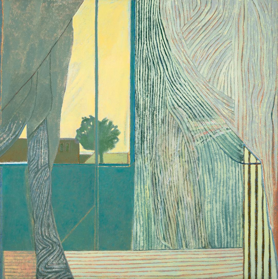 Interior with window and striped drapery
