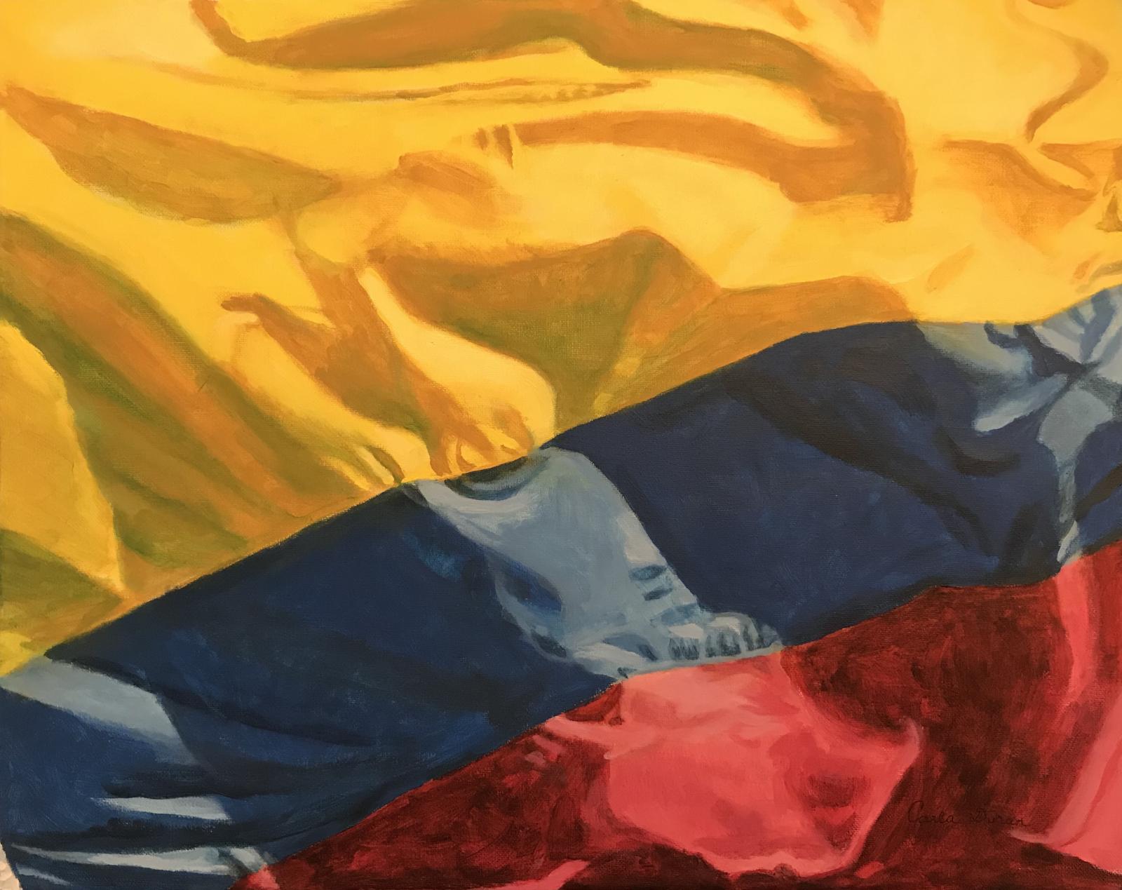 This is the Colombian flag. Gold is abundant in Colombia, blue represents the country's seas, and red for the blood shed for the Colombian independence. I painted this painting for Hispanic Heritage month, and I wanted to honor my parents home country and take pride in the country myself by painting the flag.