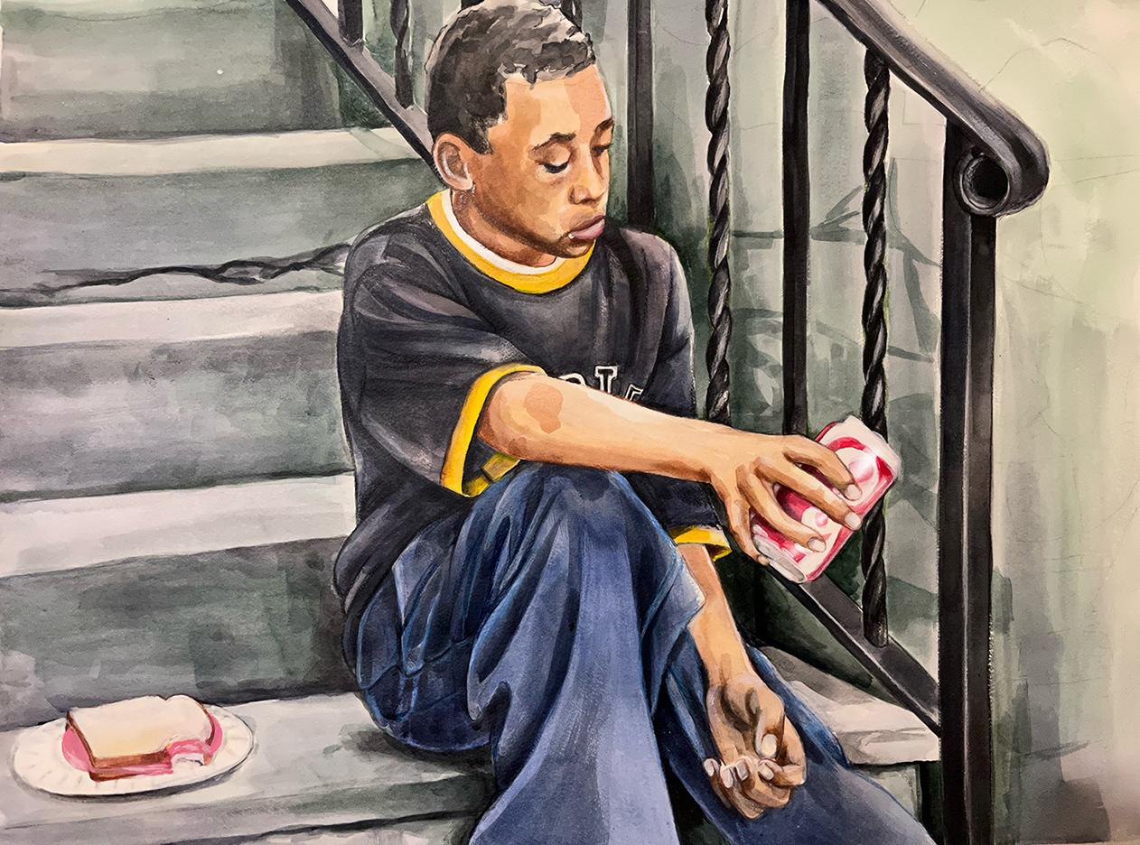 Painting of young African American boy sitting on his front stoop eating his bologna sandwich for lunch.