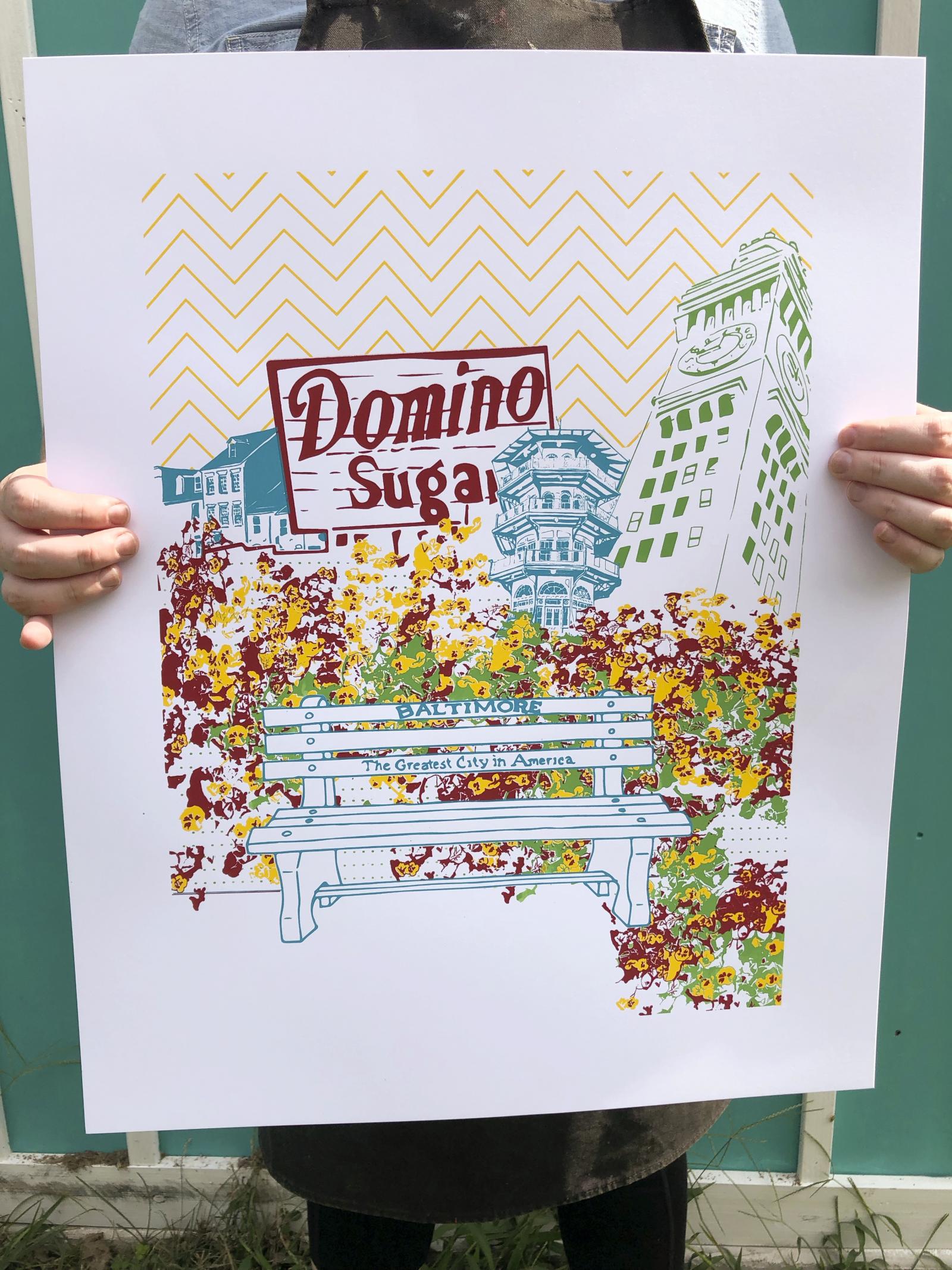 Baltimore is full of history, icons and stories. This 4 color silk screen poster illustrates the the Bromo Seltzer Tower, Domino Sugars sign, Fells Point Thames Street, Patterson Park Pagoda and the infamous city benches.
...Details...
4 color silk screen printed flat poster (yellow, green, red and blue)
Size: 11" x 15" image on 16" x 20" paper
currently selling 3rd edition of this poster