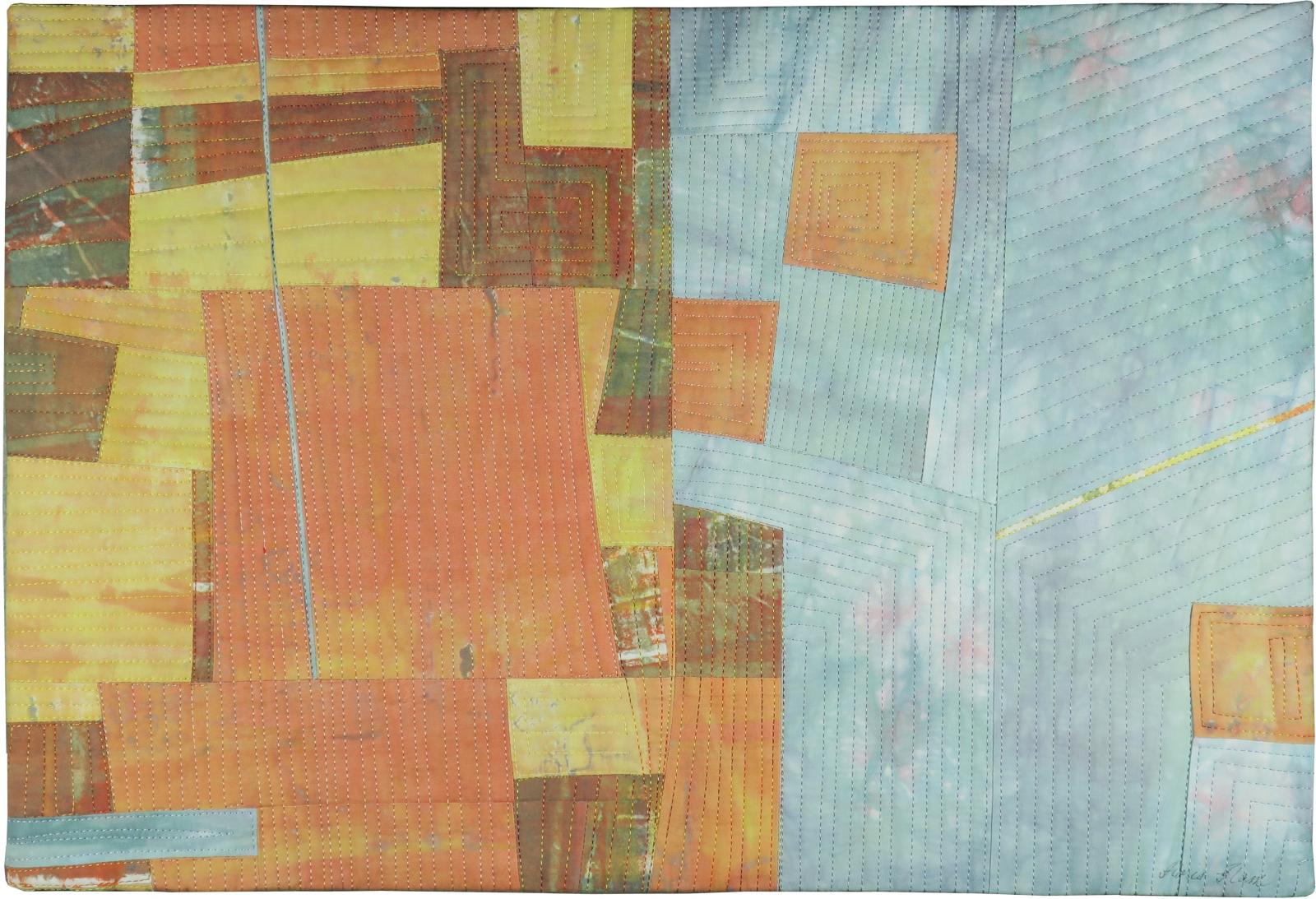 Hand-dyed and hand-printed cotton. Machine pieced and machine quilted.
