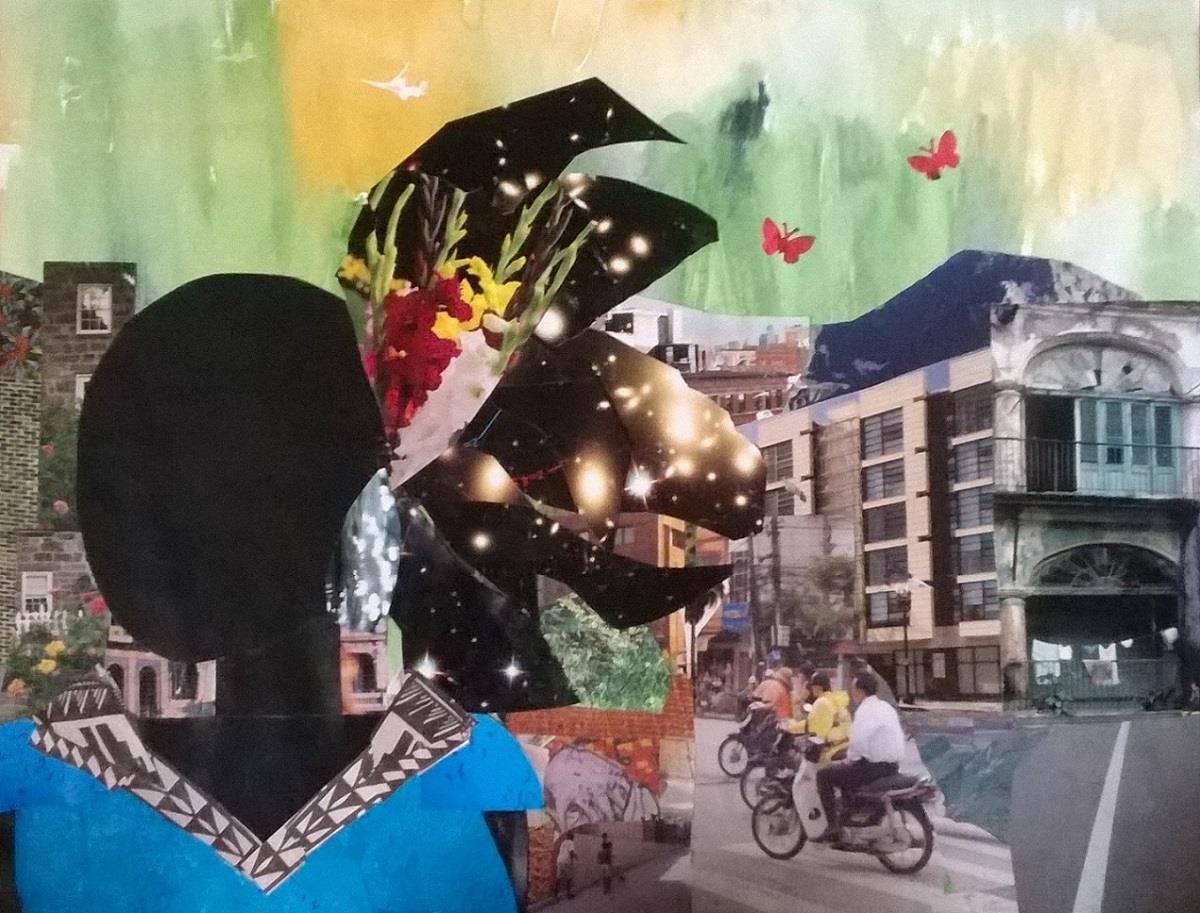 This is a collage I used using papers from magazines. The background is watercolor paints.