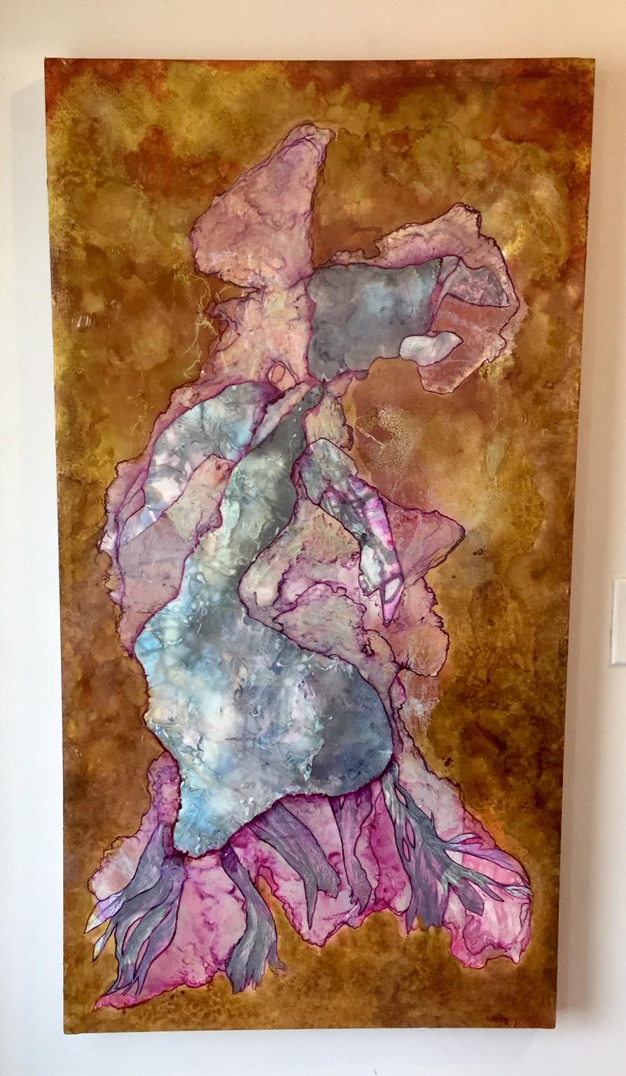Abstract/collage involving paint, ink and watercolor on stretched plastic.
Salome is in there somewhere.
