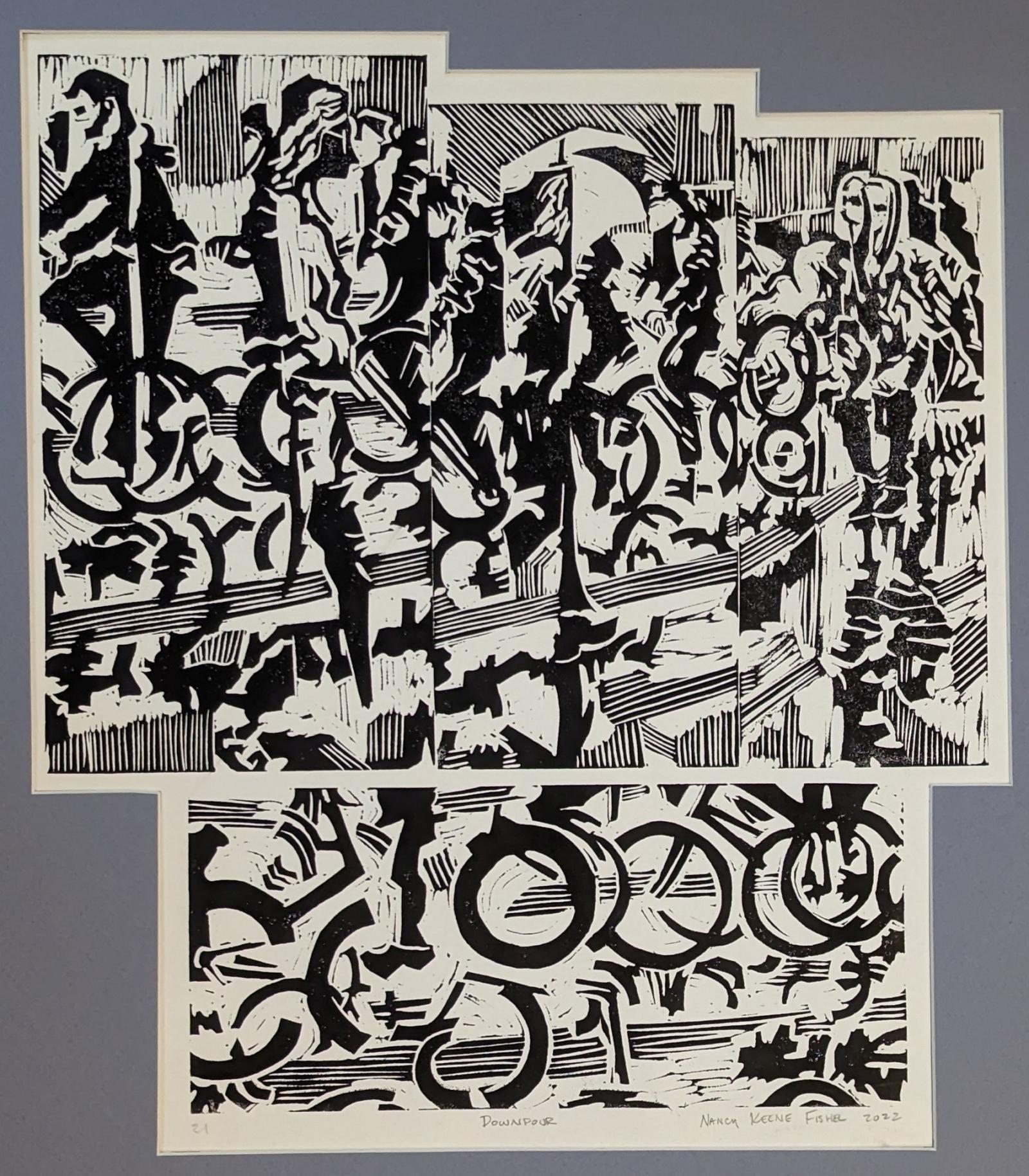 Multi image block print with four printing plates combined into a unique image. This was interpreted into a print from a digital painting of the same name.