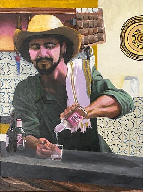 He is a Colombian Bartender in Colombia about to serve a small glass of aguardiente, a liquor, typical Colombian drink. He is wearing the Colombian cowboy hat, and has coffee bags behind him. Also behind him are ceramic tiles on the walls, typical designs of Colombia restaurants and places.