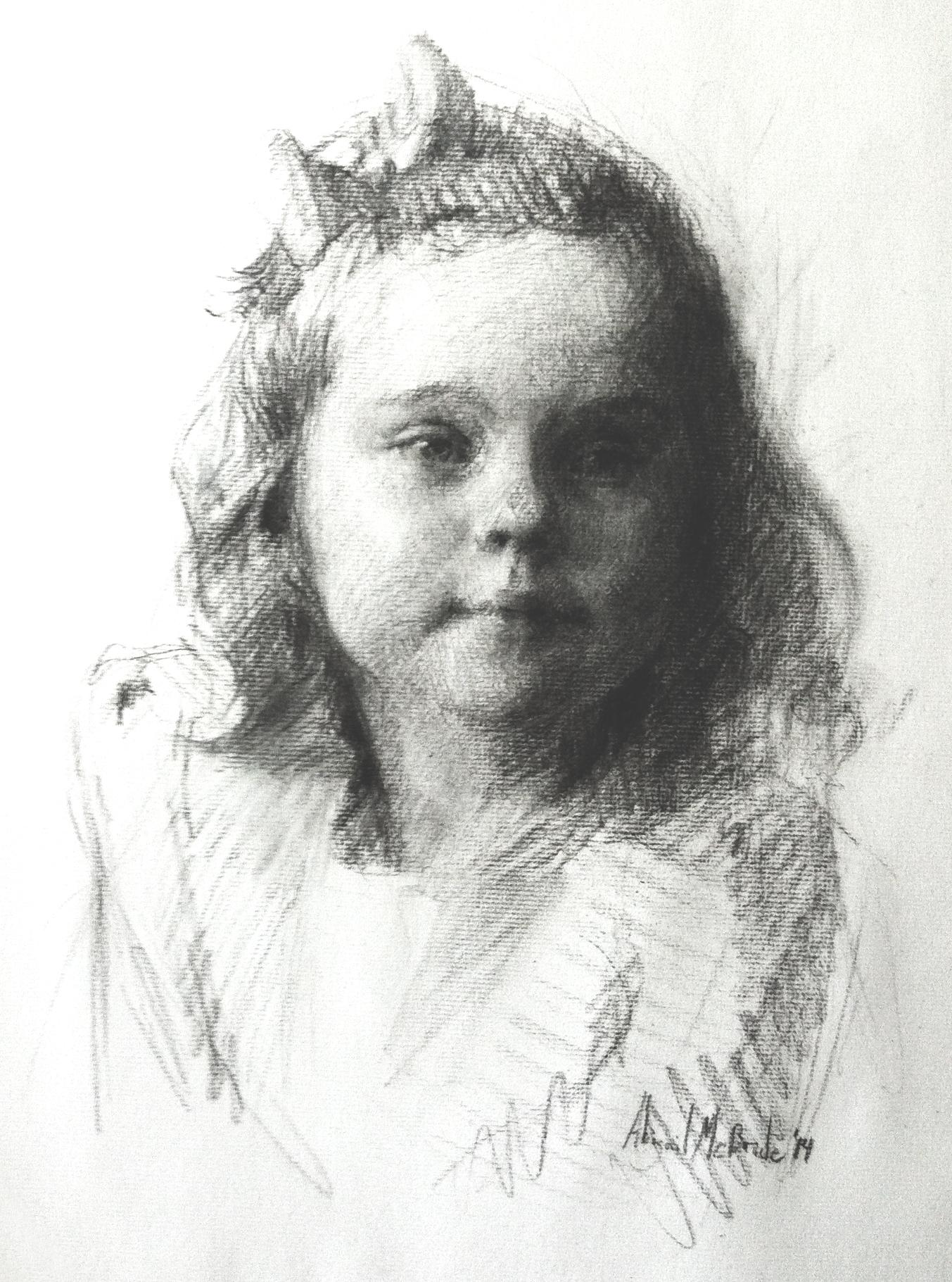 Charcoal portrait commission. Portraits of children are completed from a combination of life sittings and photo references taken by the artist.