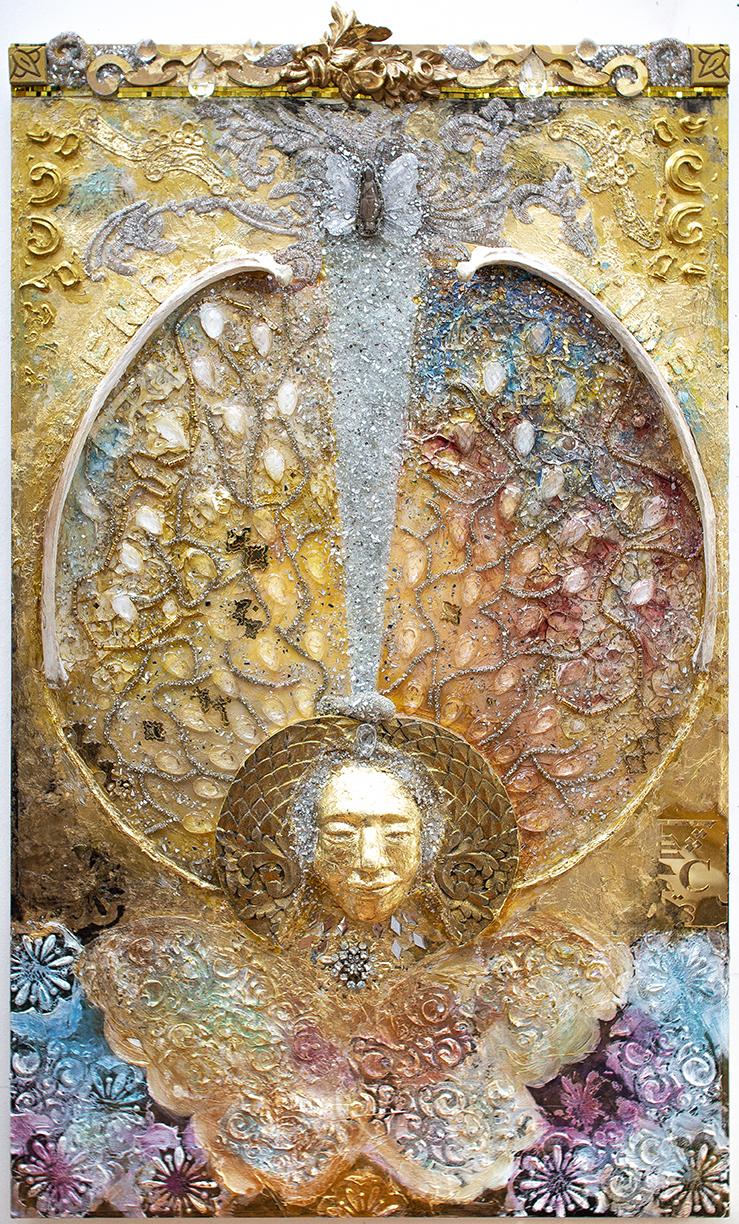 Defined as a sudden and profound understanding of something. The glass ray are coming from the head culminates in a small amulet of a Buddha. The lower part of the painting is a butterfly.