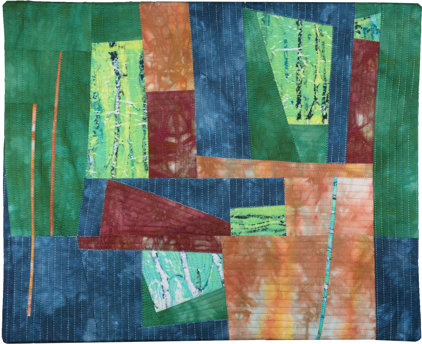 Textile wall hanging. Machine pieced using cotton fabric dyed and printed by the artist. Machine quilted.