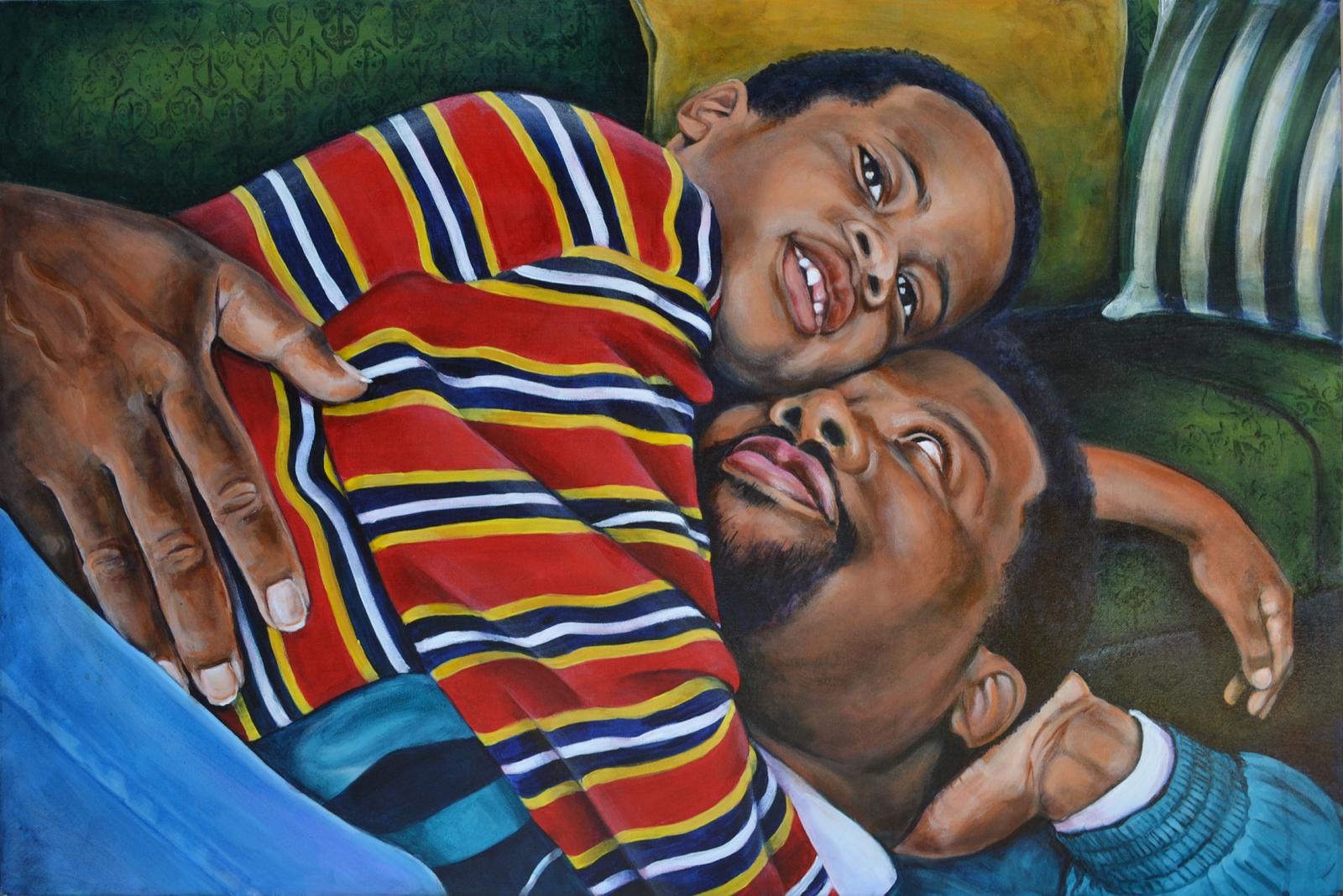 24 x 36 acrylic canvas painting of father and son bonding