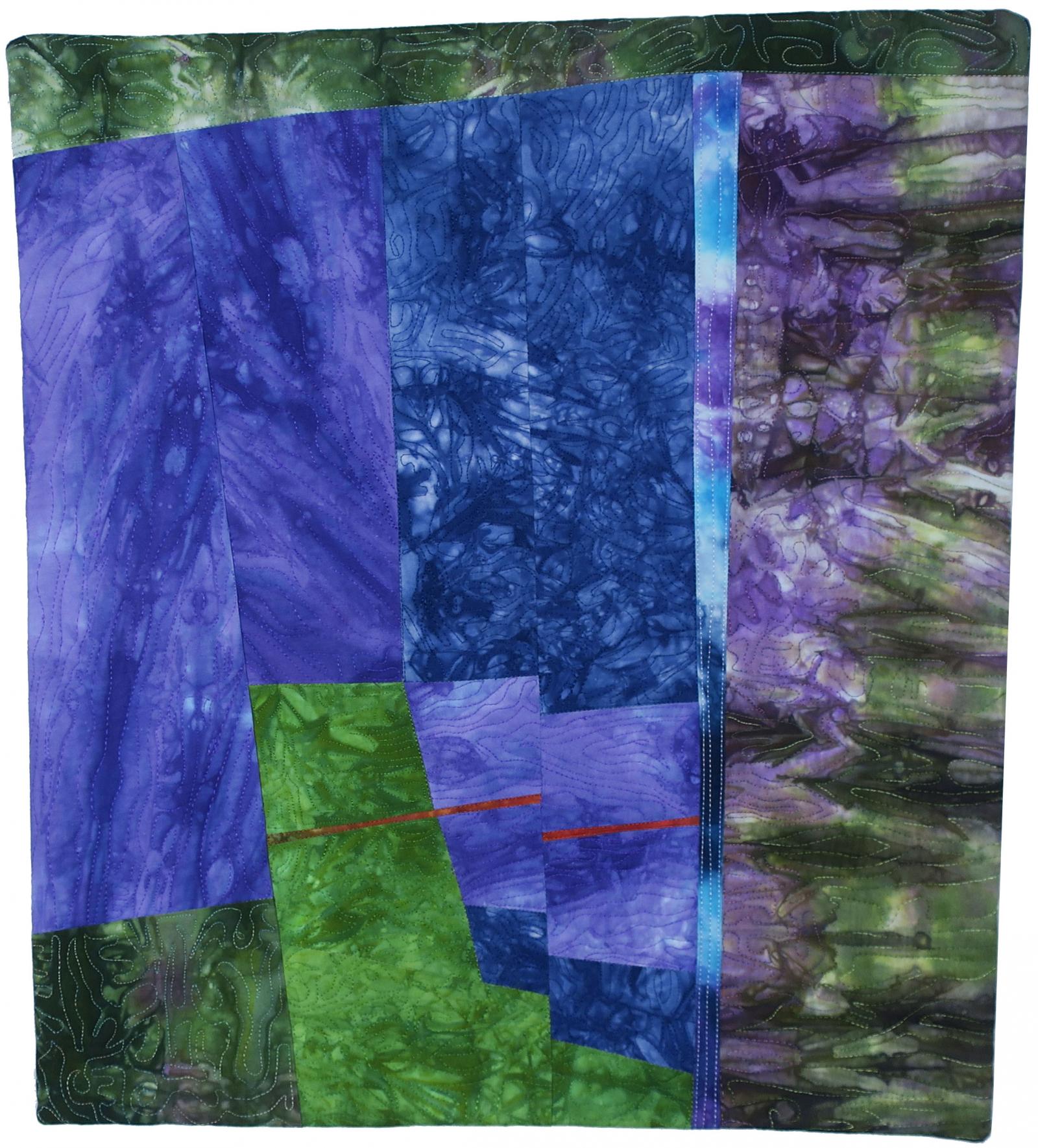 Textile wall hanging. Machine-pieced using cotton fabric dyed by the artist and machine quilted.