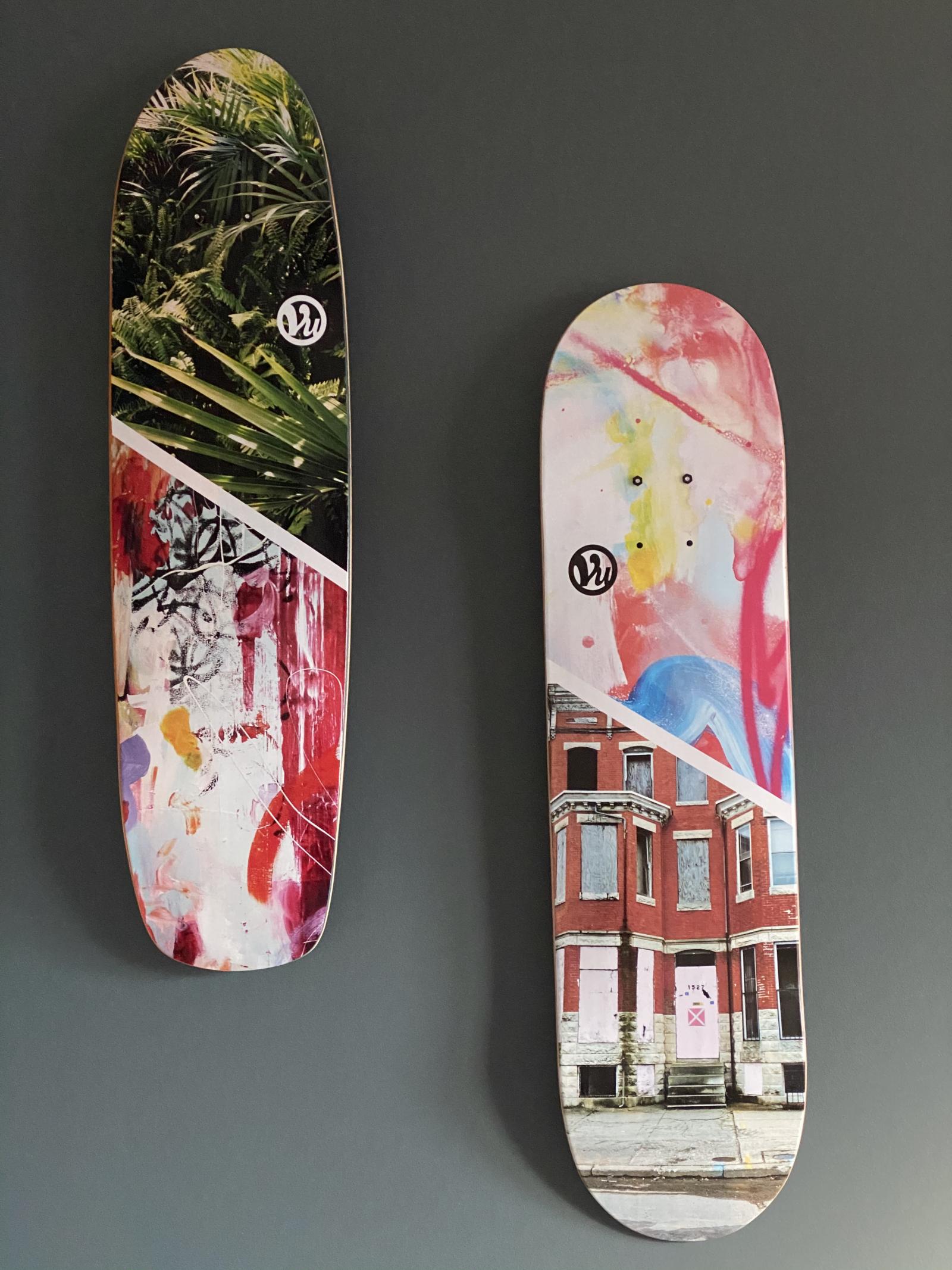 Graphics for the local skate shop, Vu. Designed using original photographs and original paintings.