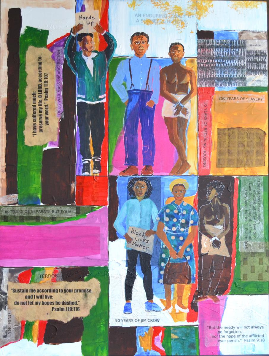 This is a painting of African-American history presented in a mosaic form replicating the lay out of slave ships.