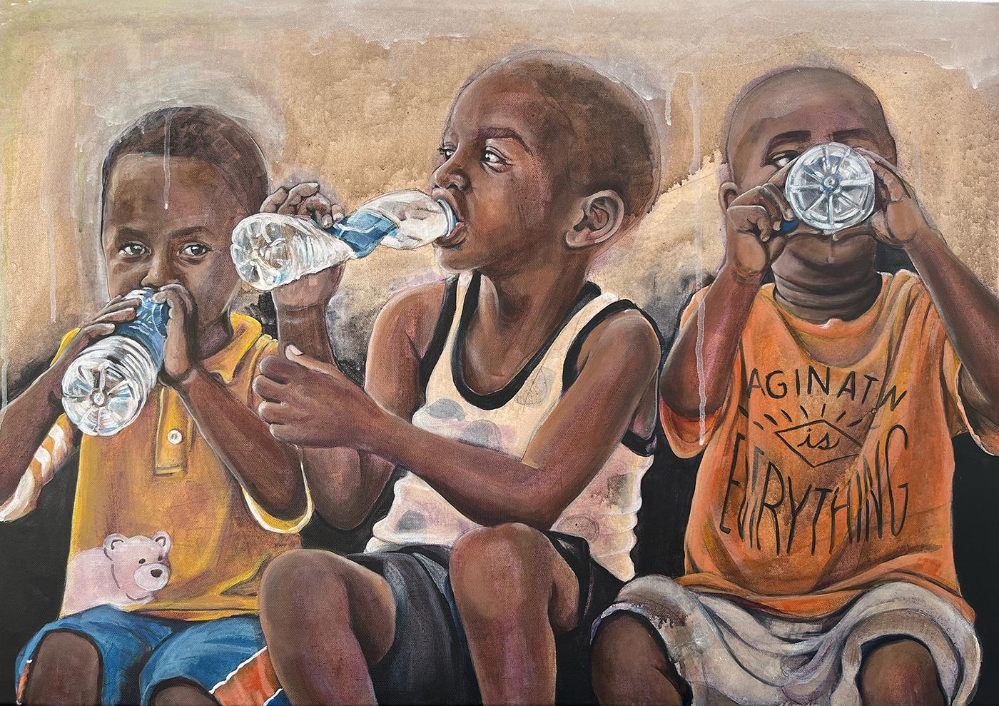 African boys drinking water together