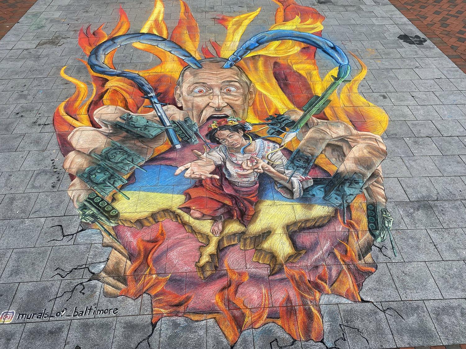 One of many street art pieces created in various cities and towns in Maryland about the invasion of Ukraine.