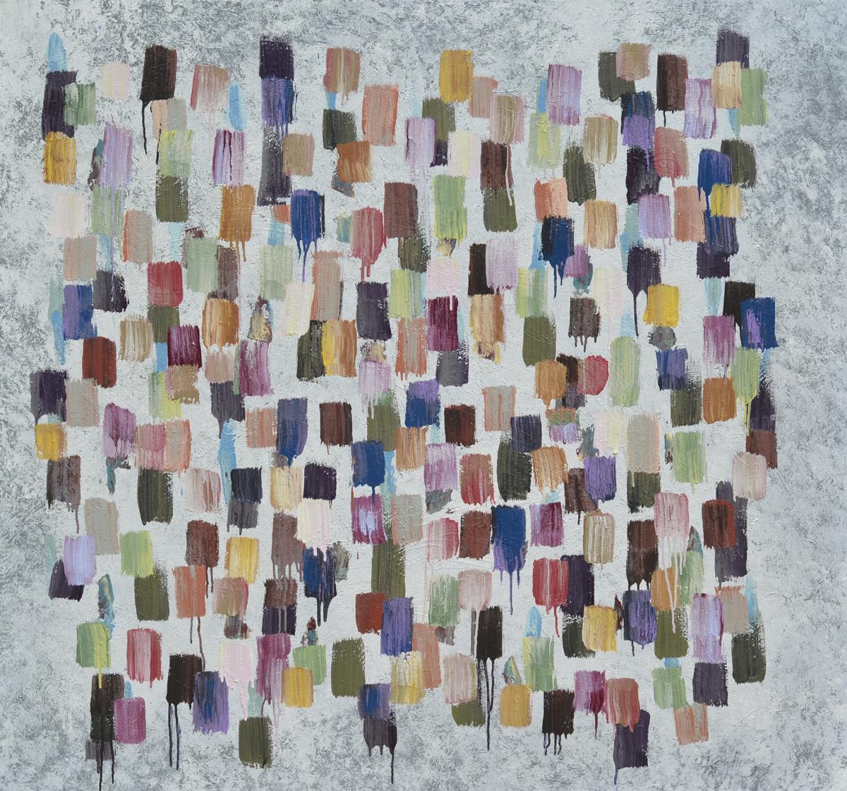 Difficult to see the complexities of the palette with a 2D image. This is a large canvas that has breathing space and movement. I am a process painter and the concept is a carry-over from previous paintings like Zen-TV (2014) and Walking Whisper (2013.) Much of my work comes from growth out of techniques I have used before. I am interested in investing the viewers time in the subject matter.