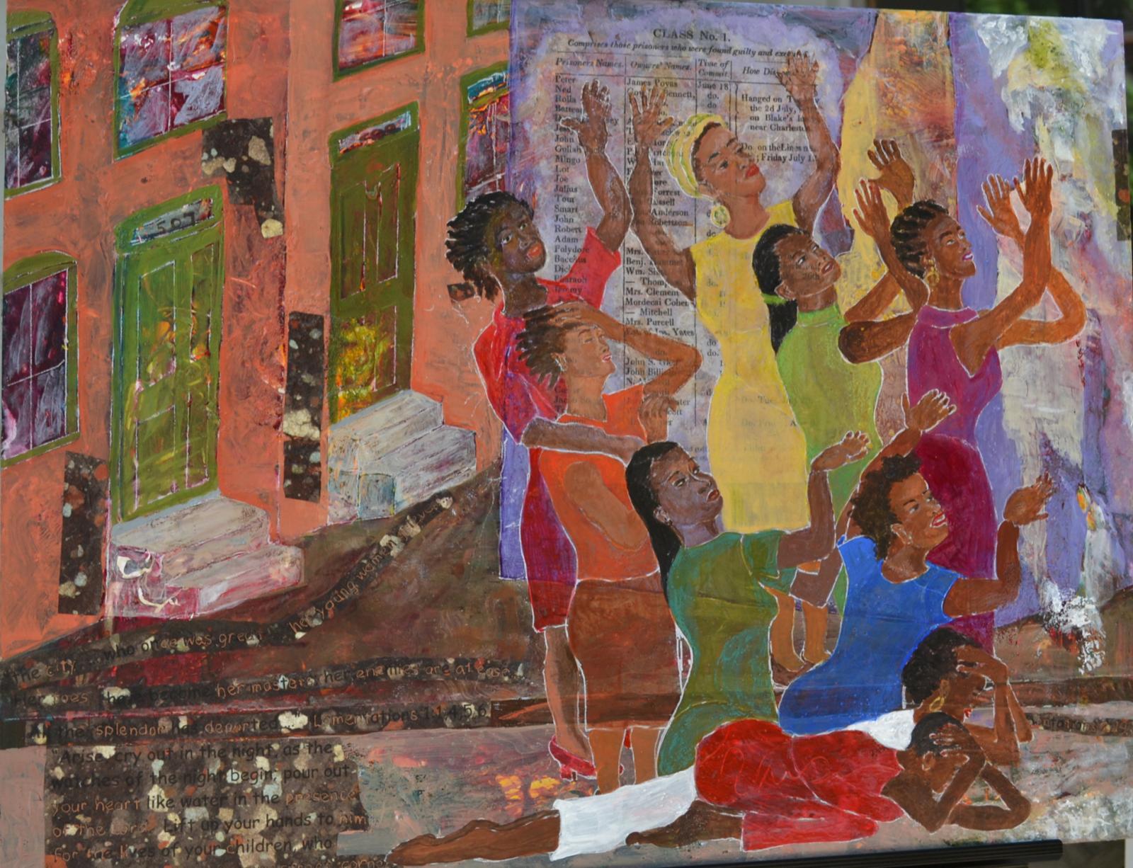 The inspiration for this art started with a photo of a funeral dance from the tomb of an Egyptian Pharoah. As in the Book of Lamentations the women in the art are lamenting over the decades of neglect in their west Baltimore neighborhood and the death of their children. Embedded in the art is a copy of a document from the 1822 hangings following a slave revolt. The connection is made as black lives continues to be devalued.