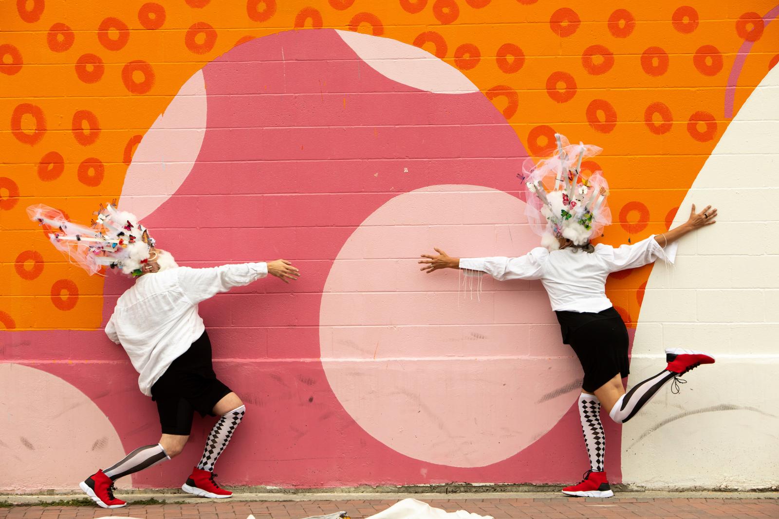 Ray Shaw and Kitty Clark in section 2 of "Time Travelers Alight," an outdoor piece in Hagerstown, MD. This photo is taken in front of the Mural of Unusual Size on Hagerstown's Cultural Trail.