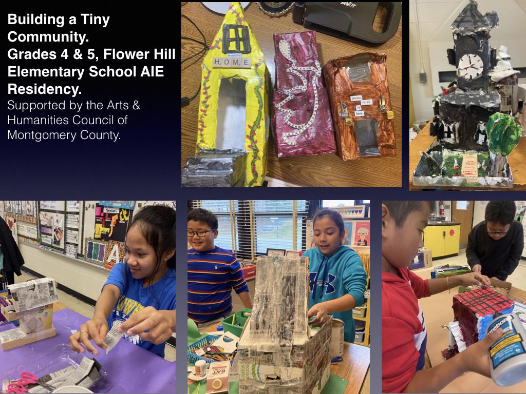 Students at FlowerHill ES working in collage and mixed media.