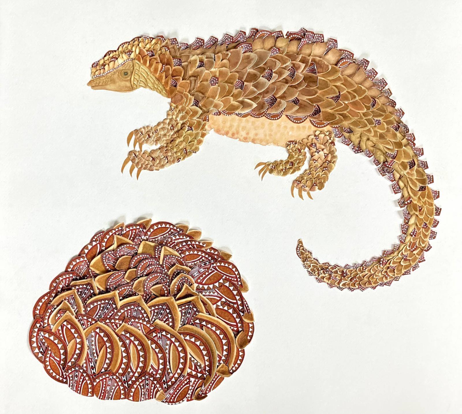 Endangered pangolins are the only mammals wholly-covered In scales and they use those scales to protect themselves from predators in the wild. If under threat, a pangolin will immediately curl into a tight ball and will use their sharp-scaled tails to defend themselves.

In this case, an added layer of protection; Massai shields defend against accusations that pangolins are responsible for the zoo tonic transmission of the coronavirus from bats to humans this theory has since been debunked.
Embellishments on the shields resemble pangolin scales leaving no doubt that Massai ornamentation is influenced by the fauna surrounding them.
