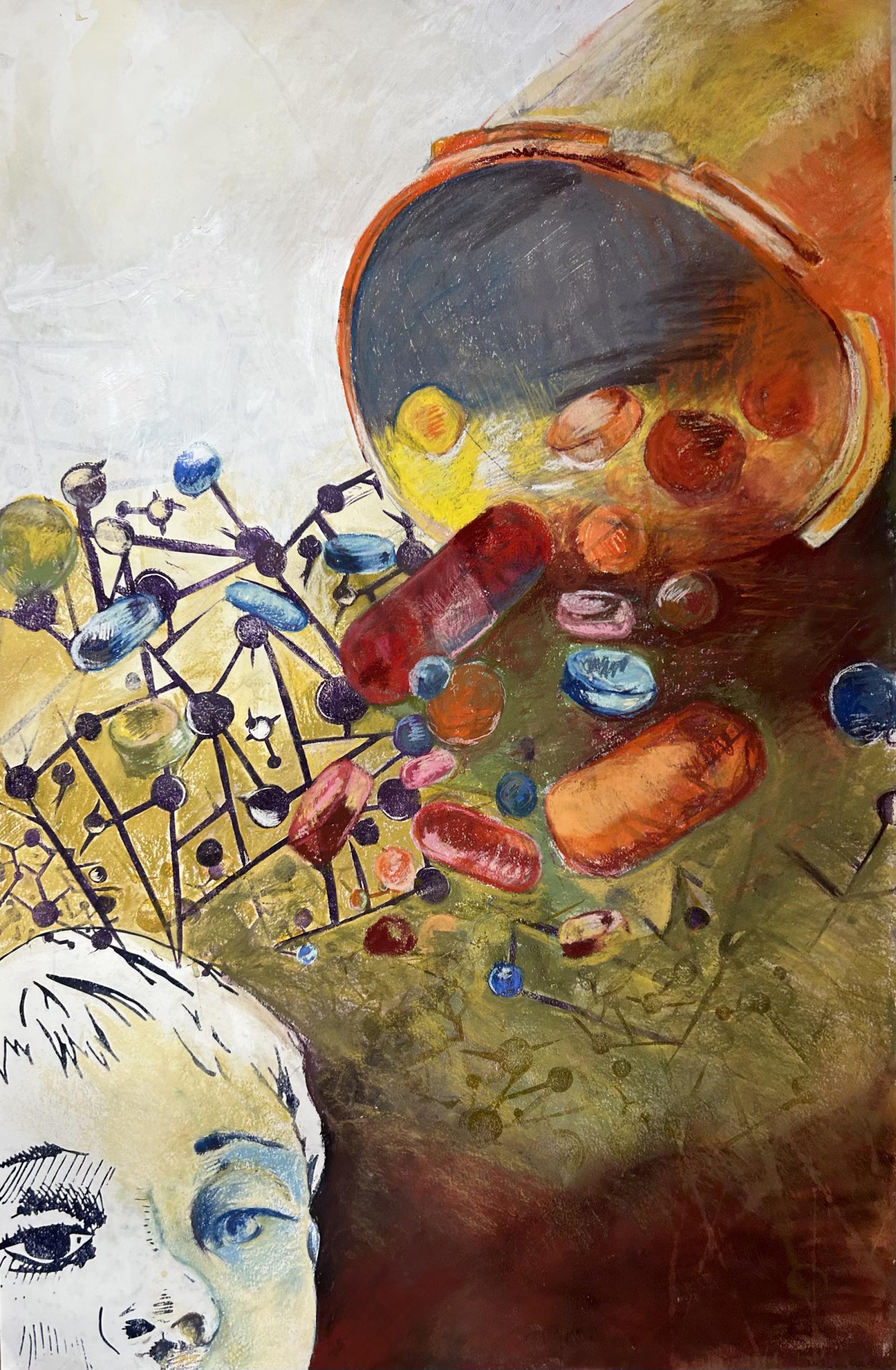 As a visual artist I have been interested in exploring social issues with the desire to communicate understanding, hope and healing through the work. The last 10 years of life experiences have directed my personal interests in the arena of trauma; how our brains and bodies experience and heal from trauma by our parenting a child who experienced trauma from foster placements. Trauma Series explores the various expressed emotional responses and society's way to "fix" those emotional responses. This mixed media drawing is based on our experience of being prescribed an abundance of medications to assist in pacifying my child's natural behavioral responses from experiencing previous trauma. Questioning over medication vs needed medication.