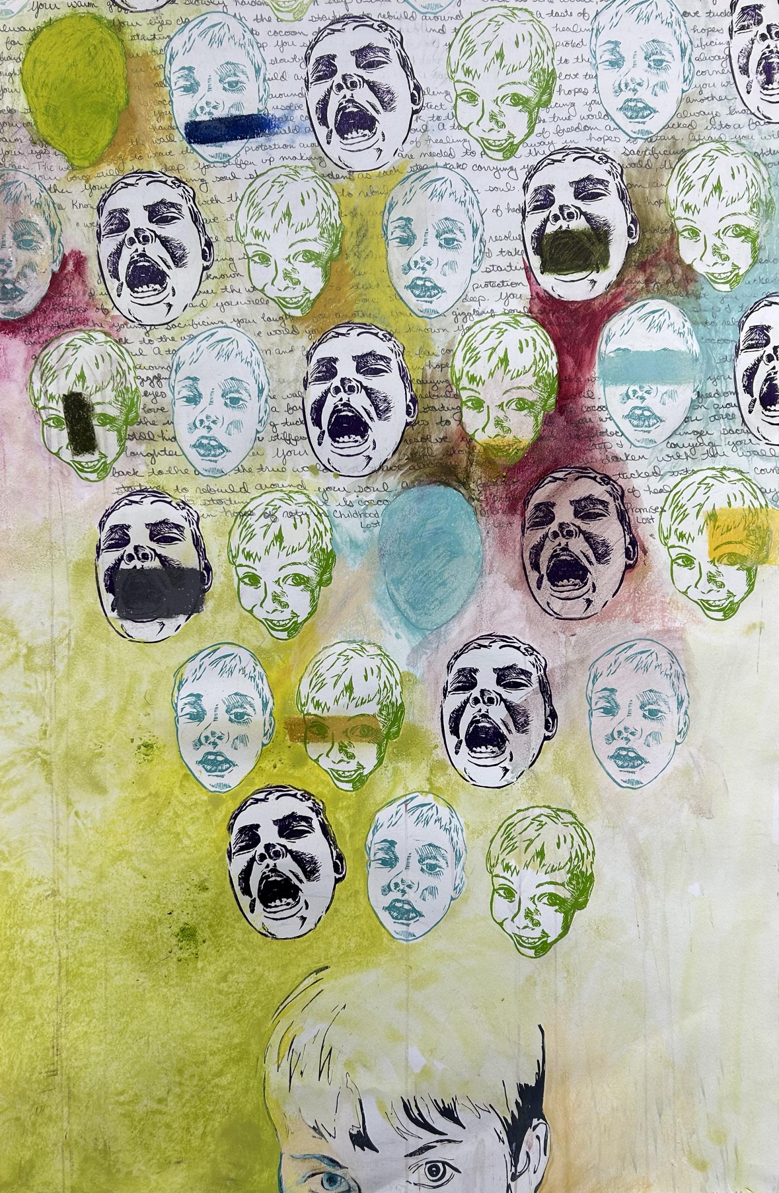 As a visual artist I have been interested in exploring social issues with the desire to communicate understanding, hope and healing through the work. The last 10 years of life experiences have directed my personal interests in the arena of trauma; how our brains and bodies experience and heal from trauma by our parenting a child who experienced trauma from foster placements. Trauma Series explores the various expressed emotional responses and society's way to "fix" those emotional responses. This mixed media drawings is based on a photo project with my first kiddo as he explored how to correctly express his emotions. Relief cut facial expressions floating above a silk screen printed larger head of the child with text intertwined between the two and a variety of colors blocking verbal connection.