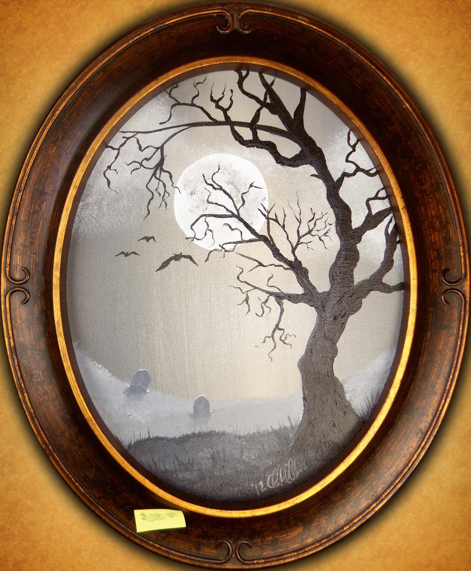 Acrylic Painting depicting a gloomy atmosphere and graveyard