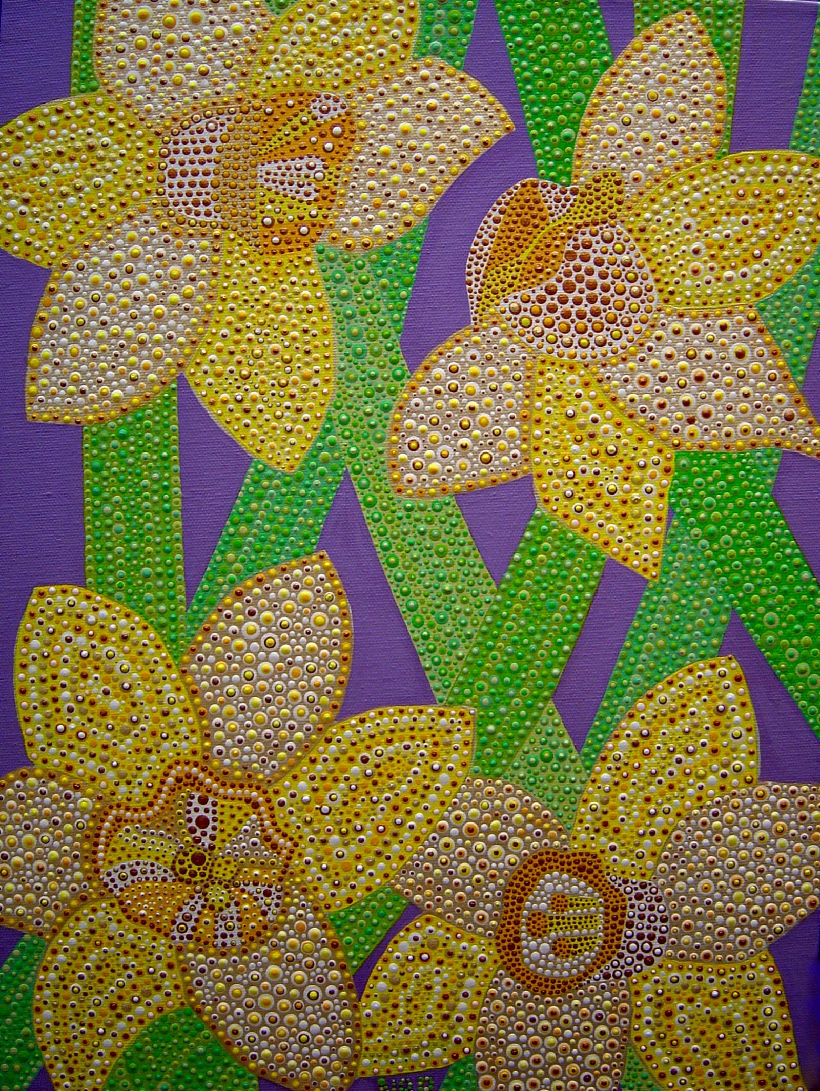 Artwork "Daffodils For Mardi Gras" won First Place (professional category, oil and acrylic) and Viewers Choice Award at the Maryland State Fair 2009. Ms. Parris expresses herself, her view of the world, through color, color combinations and shapes. When she creates her artworks, she feels completely free. There is no taboo of what colors she can choose or combine, or what technique to use. She applies whatever seems right at the moment or whatever new ideas are coming up in the moment of inspiration.
Her “Emotional Counterpoints in Paint – Dots Artworks” have a slightly different story behind them. They are more reflection of her “life achievements” as an experienced construction engineer. Her floral compositions are expressions of her connection with Nature; its beauty and its nurturing and healing effect on a soul.