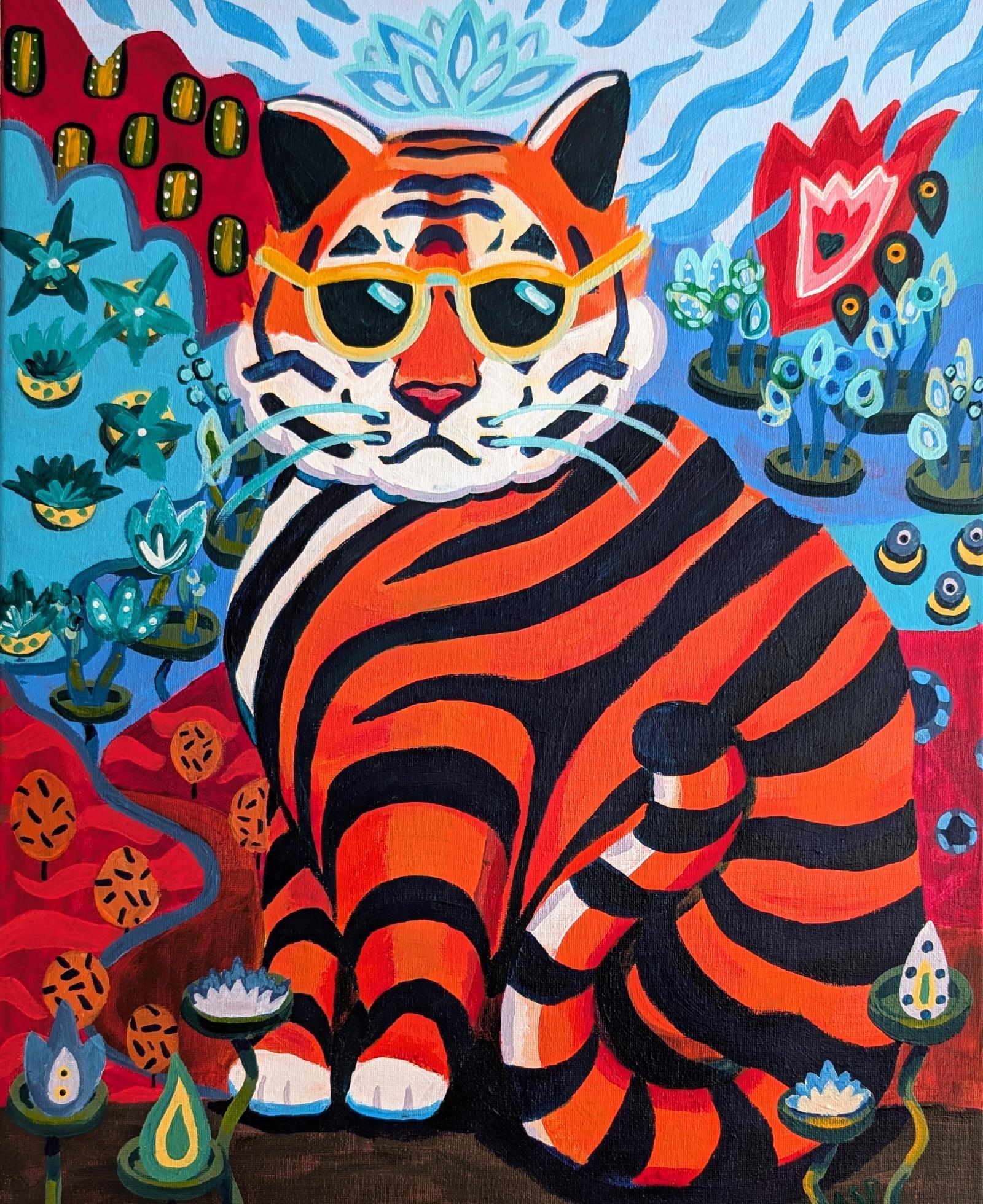 Inspired by a cat that acts like a tiger, this cool tiger is sitting in a landscape inspired by the Mona Lisa.