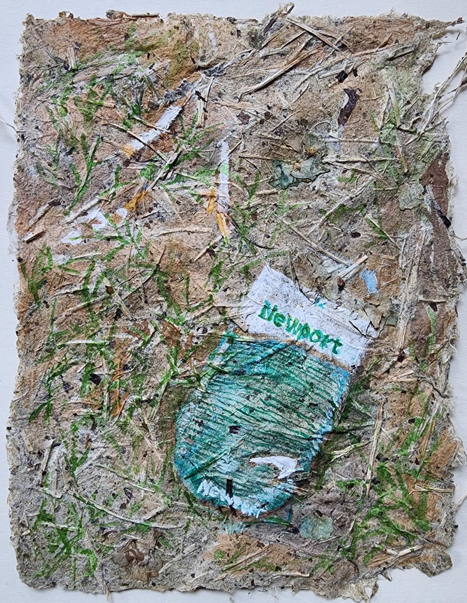 A painting of a pack of Newports with three cigarettes. This is one of a series of paintings of a pack of Newports and three "loosies"— though these were likely dropped and were not for sale. Empty packs of Newports can be found all over downtown Baltimore and have almost become an icon of Baltimore. In this painting, I allowed the texture of the paper to come through strongly, making the pack of cigarettes and the loosies to almost disappear into the surface. 