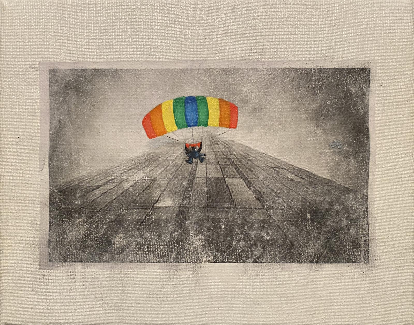 I put varnish on the canvas and then I put varnish on the image on my paper, and then I sandwiched it on the canvas. The next day I poured water to rub the extra paper away and see the resulting image, and I wanted to put a person in the air. I decided to paint a parachuter. I was trying to exercises other mediums other than painting. This was me expanding my creativity, my journey into getting out of my comfort zone as my journey keeps on continuing.