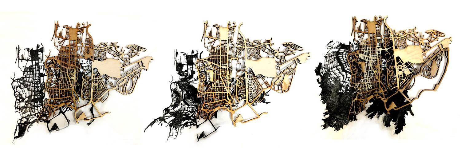 The 3 part interactive series showcases the transition of a section of the map of Mumbai as the waters are polluted with more and more plastic. As the plastic grows in the ocean, the shadow of the city morphs and erodes the city.