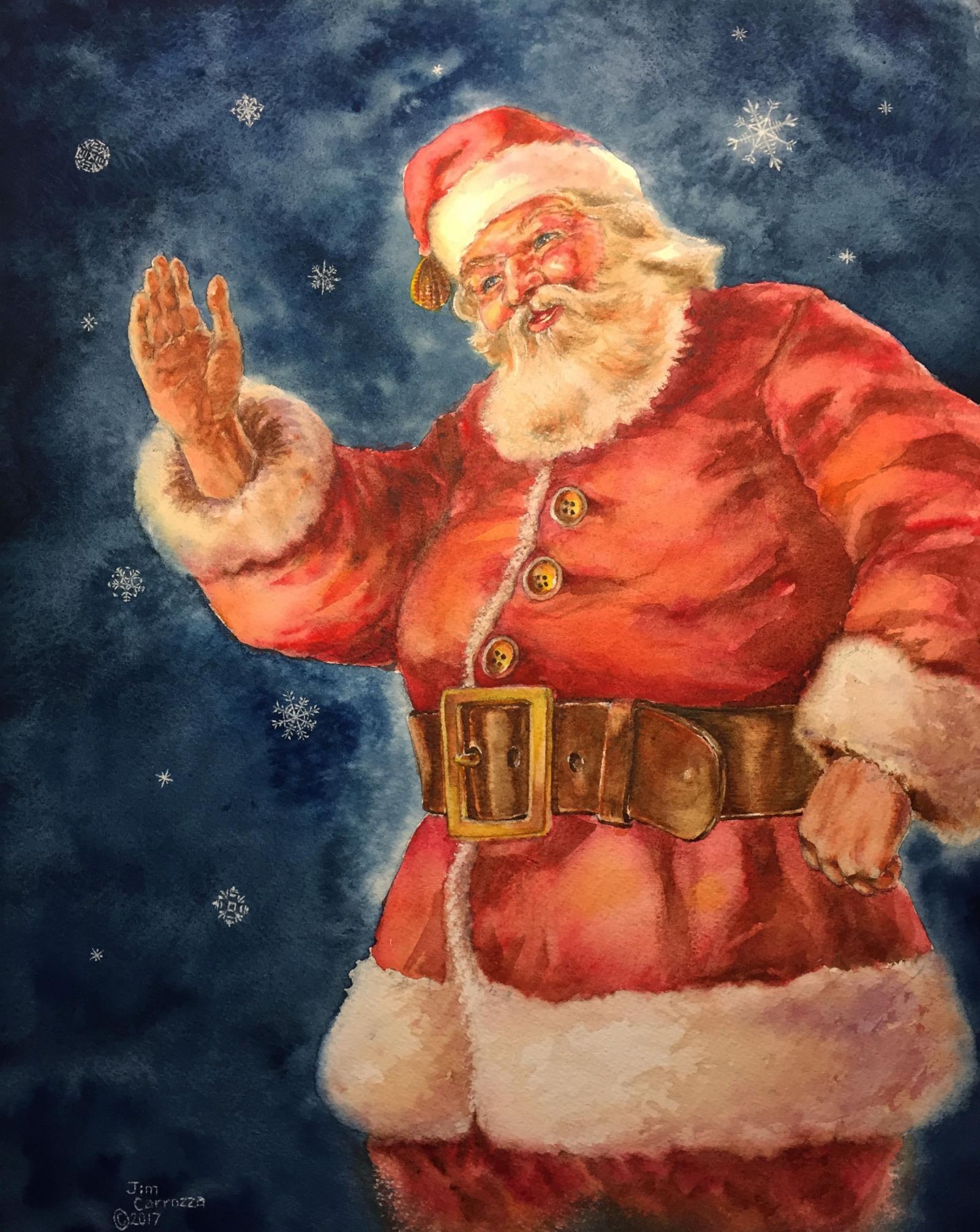 Santa waving against a winter night backdrop.